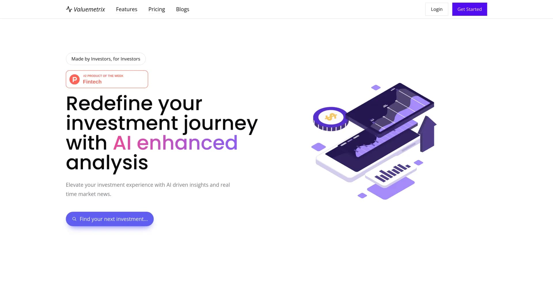 Valuemetrix homepage screenshot — AI-driven insights for smarter investing