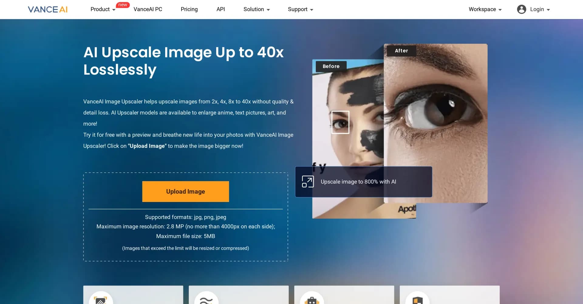 VanceAI Image Upscaler homepage screenshot — Upscale images up to 40x without quality loss.