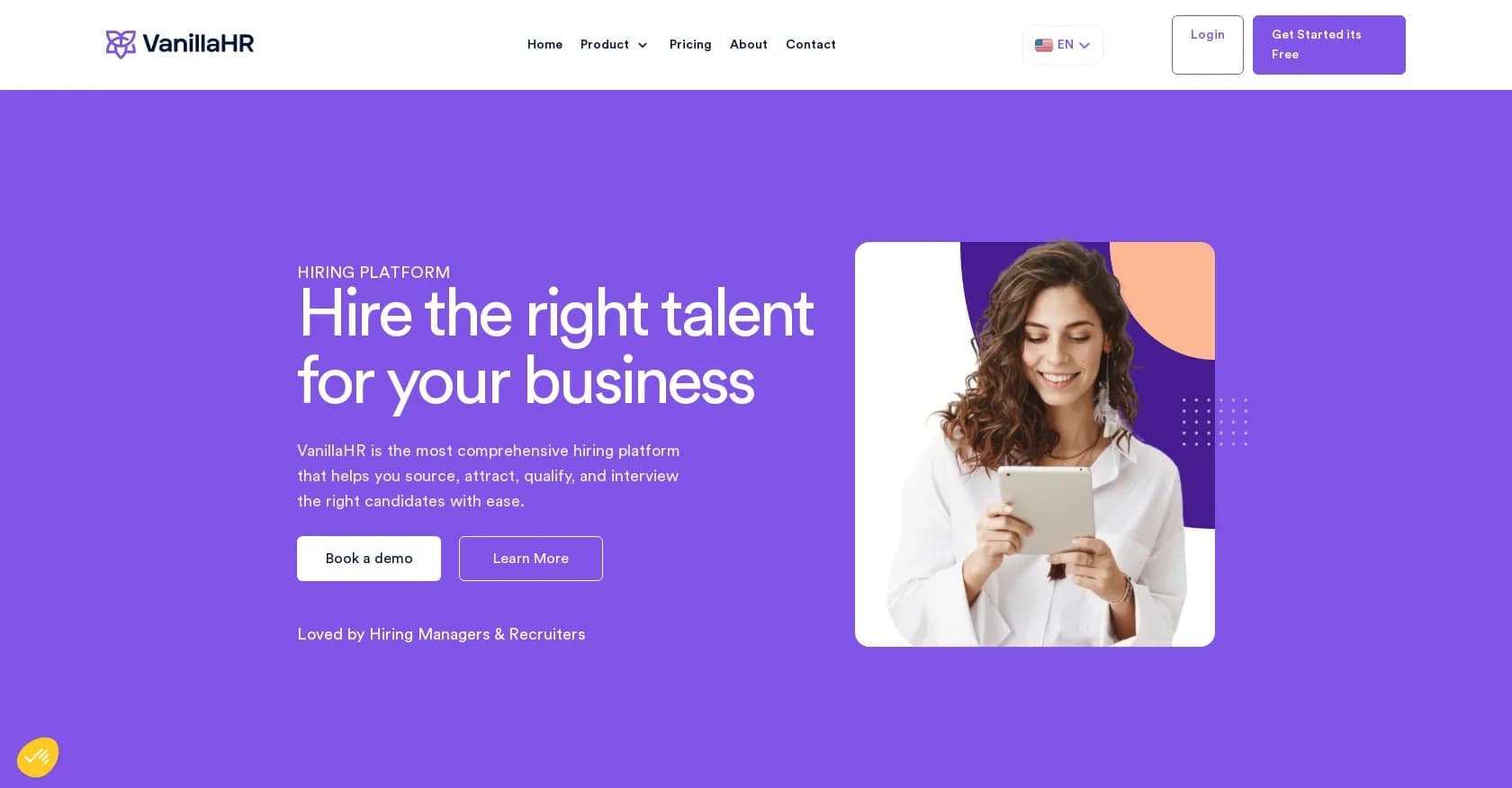 VanillaHR Hiring Platform homepage screenshot — Hire the right talent with ease.