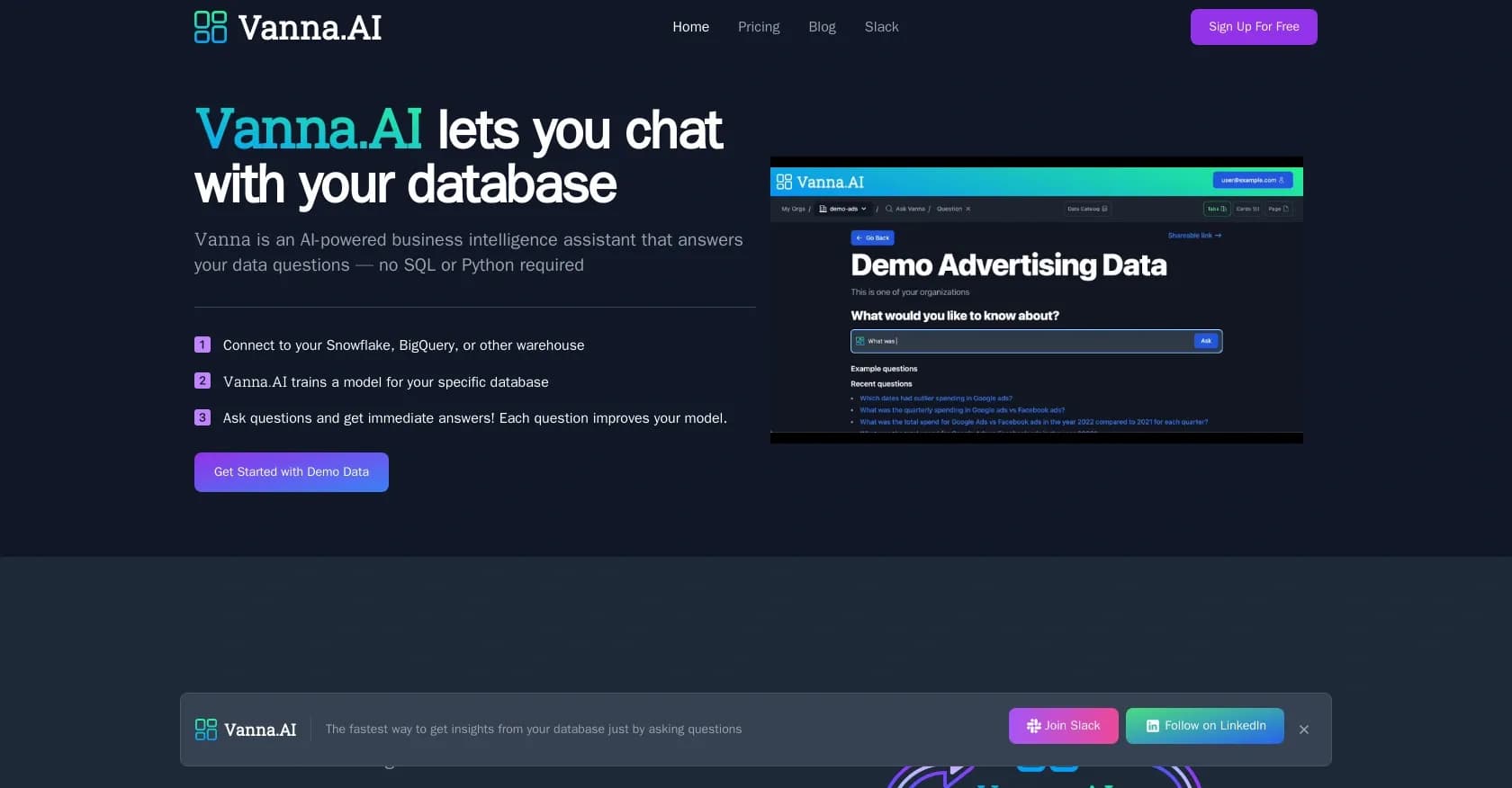 Vanna homepage screenshot — Chat with your database in plain English.