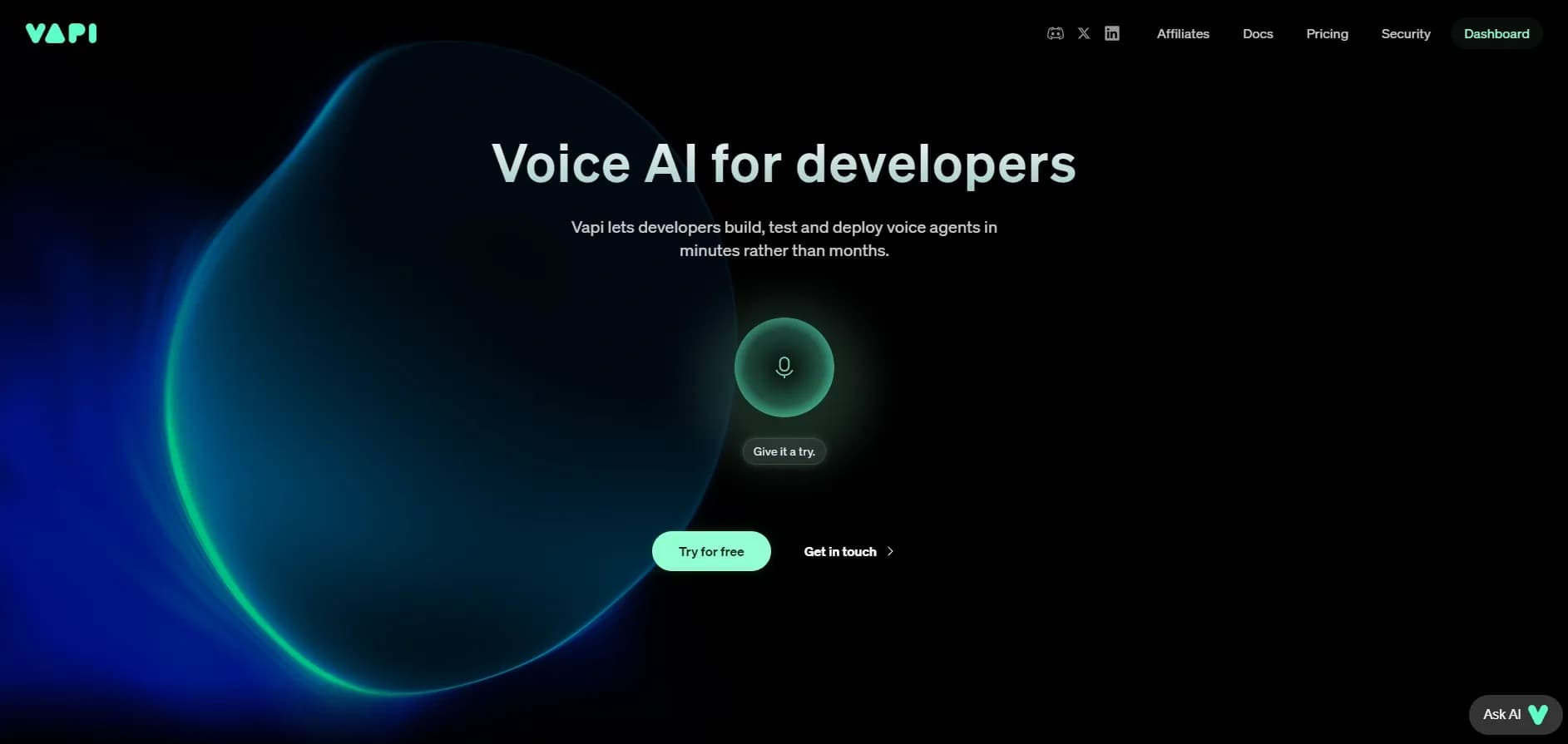 Vapi homepage screenshot — Build voice agents in minutes, not months.