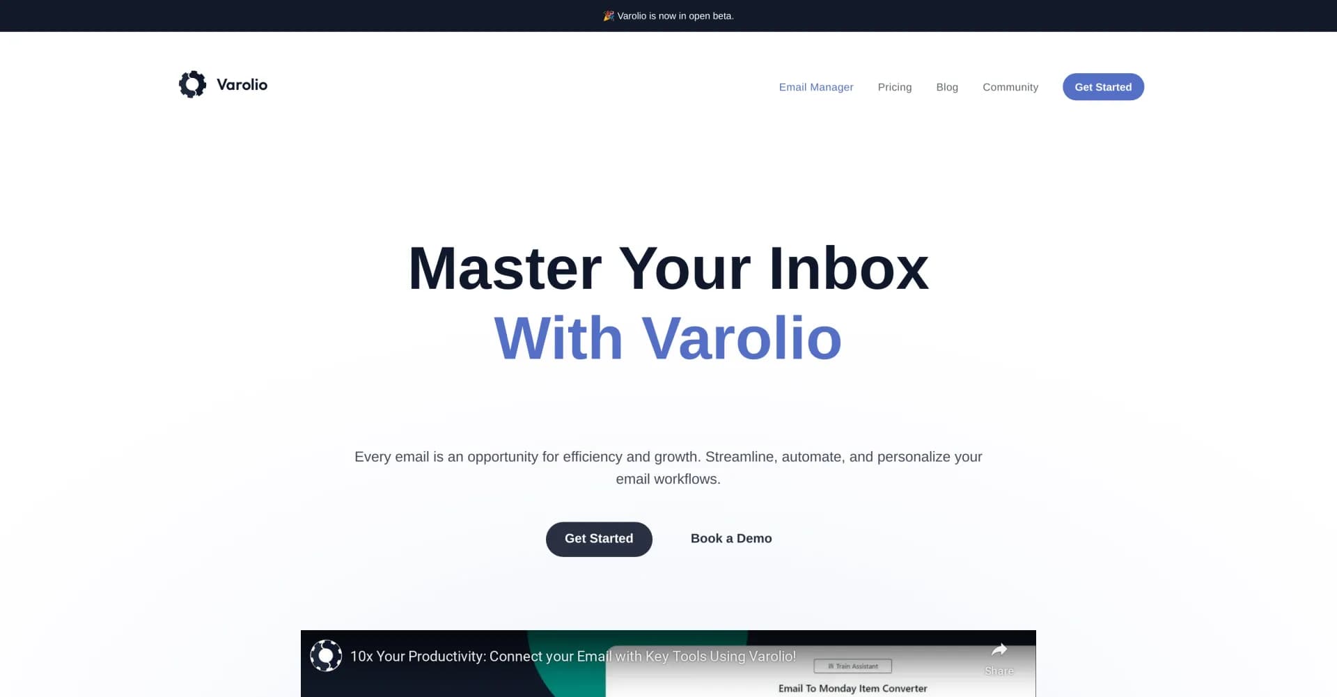 Varolio homepage screenshot — Master your inbox with AI-powered email management