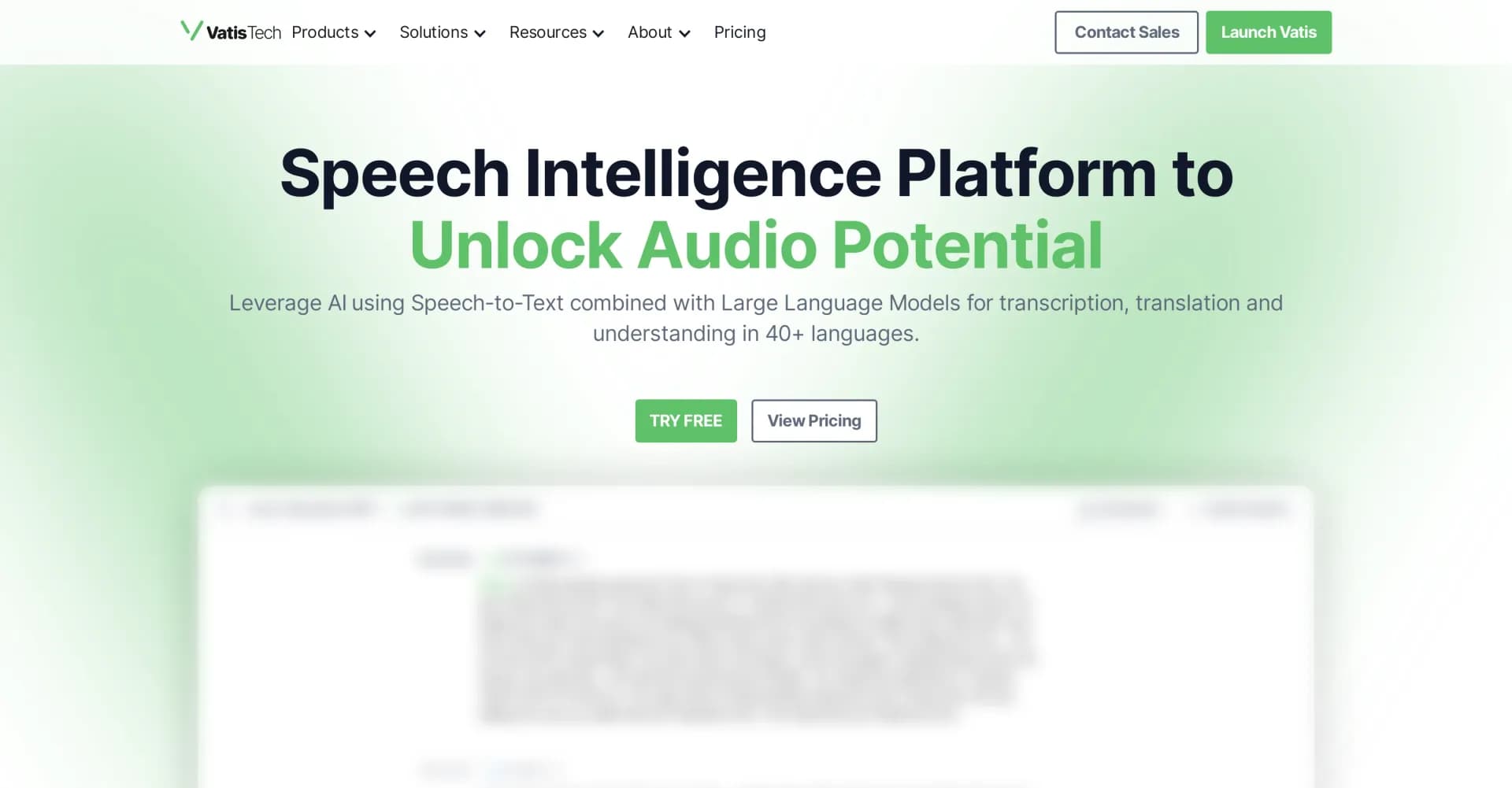 Vatis Tech homepage screenshot — Transcribe audio and video in minutes with accuracy and ease
