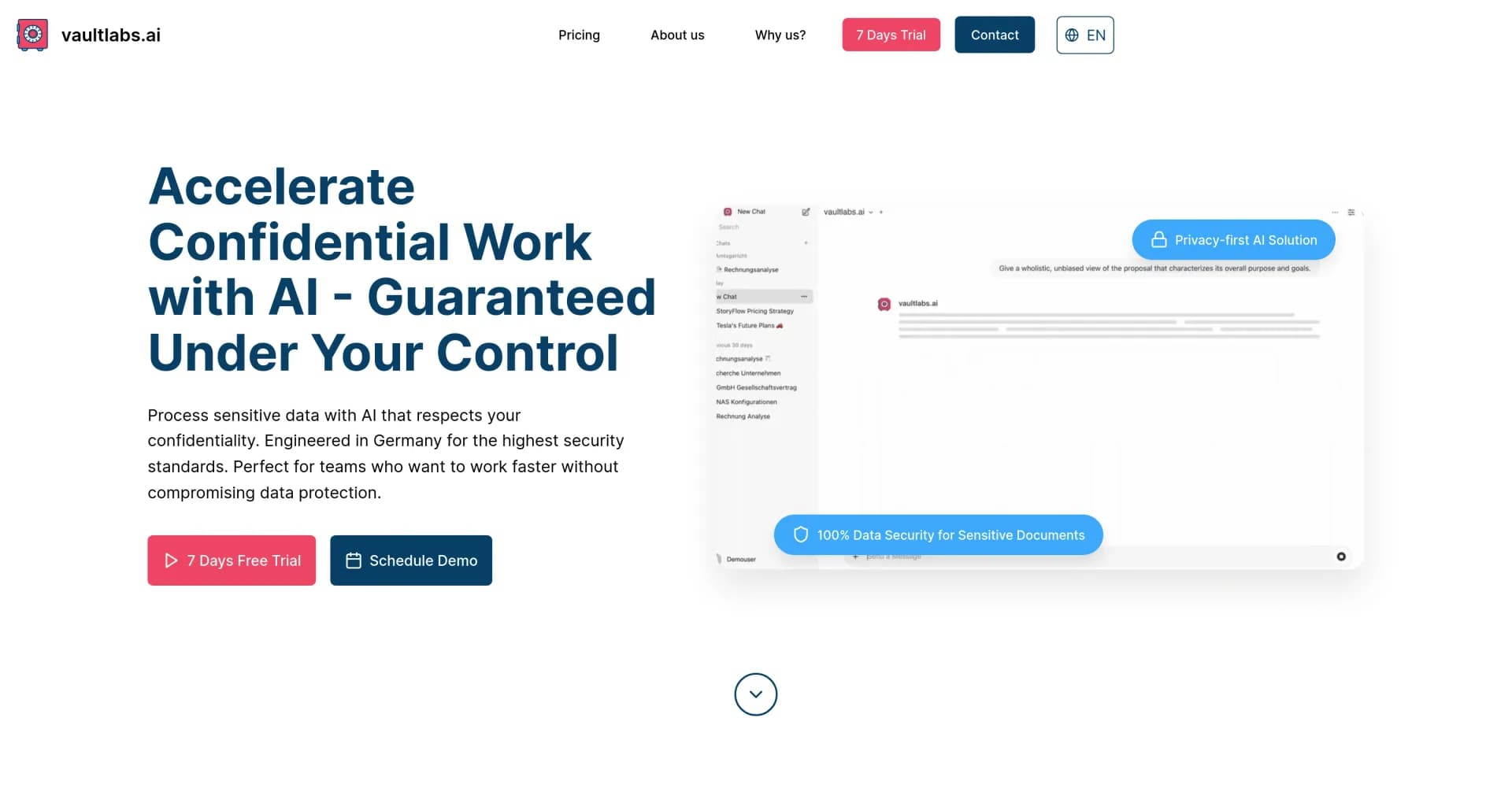vaultlabs.ai homepage screenshot — Accelerate confidential work with secure AI under your contr
