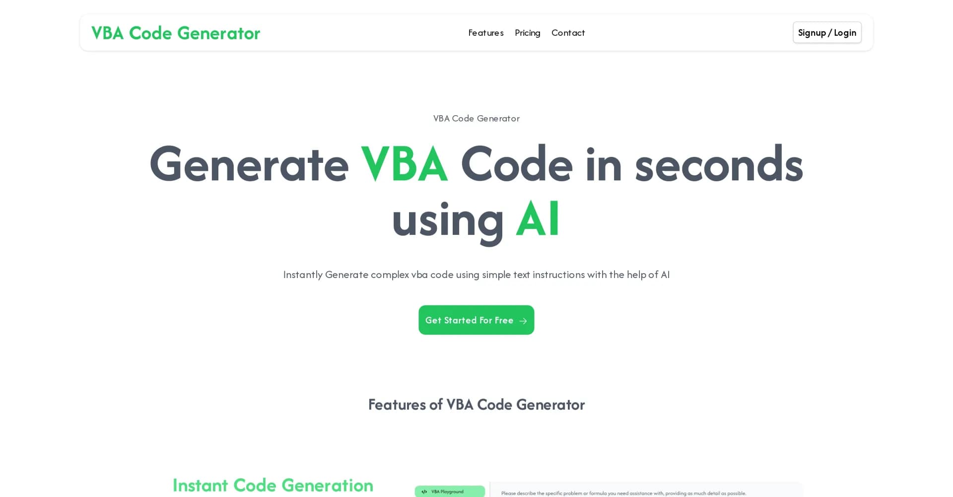VBA Code Generator homepage screenshot — Generate VBA code instantly with AI