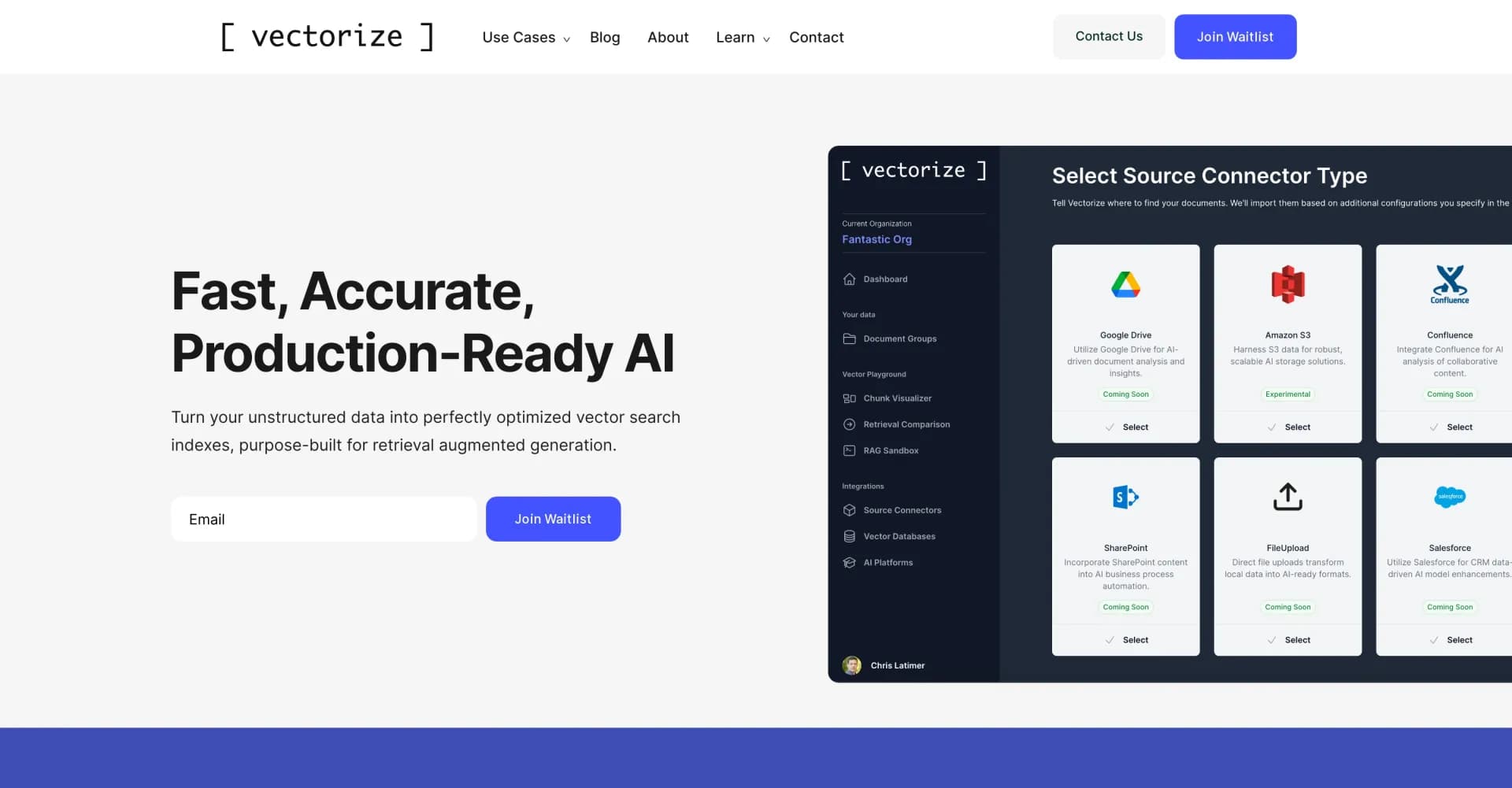 Vectorize homepage screenshot — Turn your unstructured data into optimized vector search ind