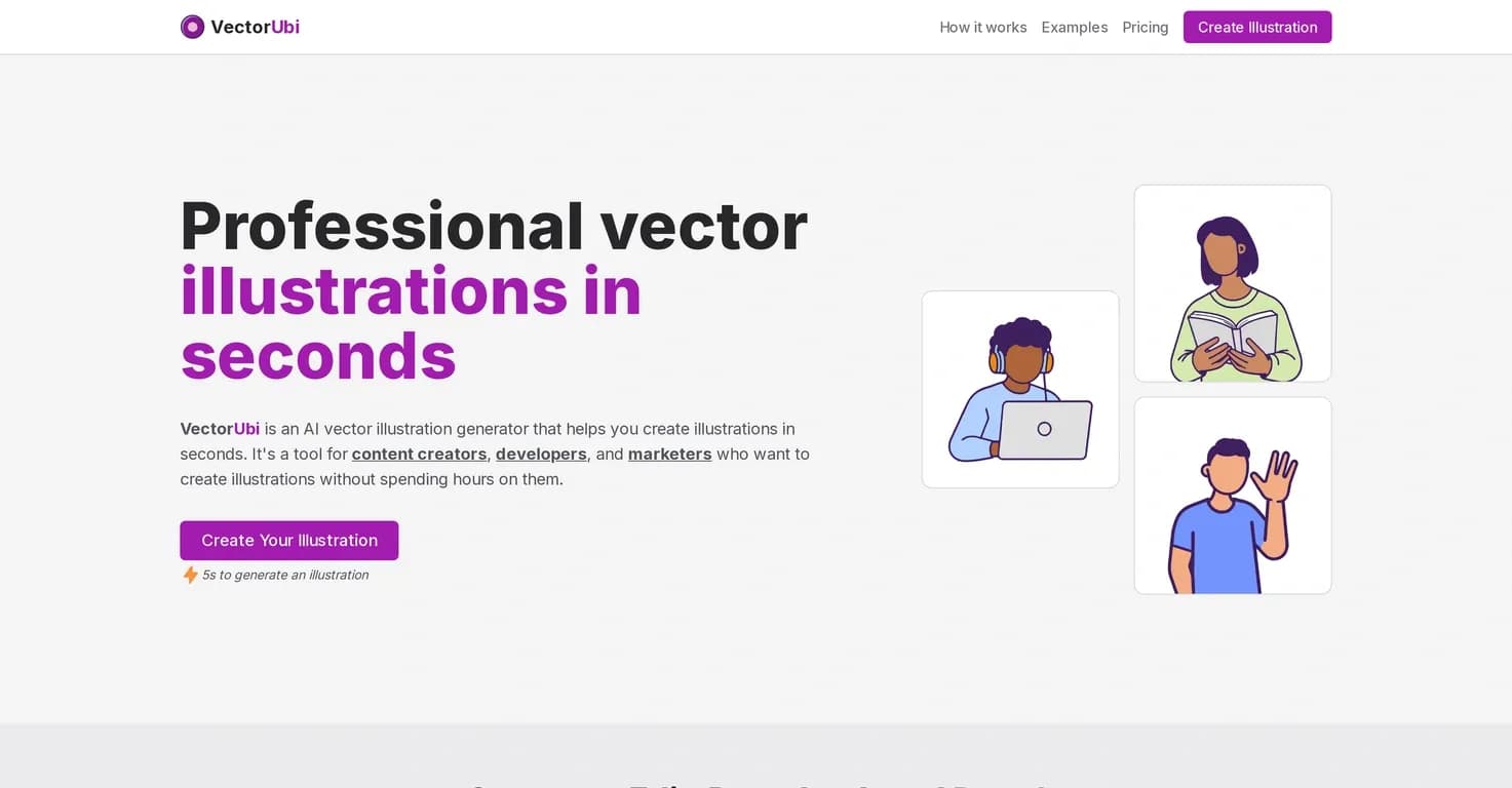 VectorUbi homepage screenshot — Create professional vector illustrations in seconds.
