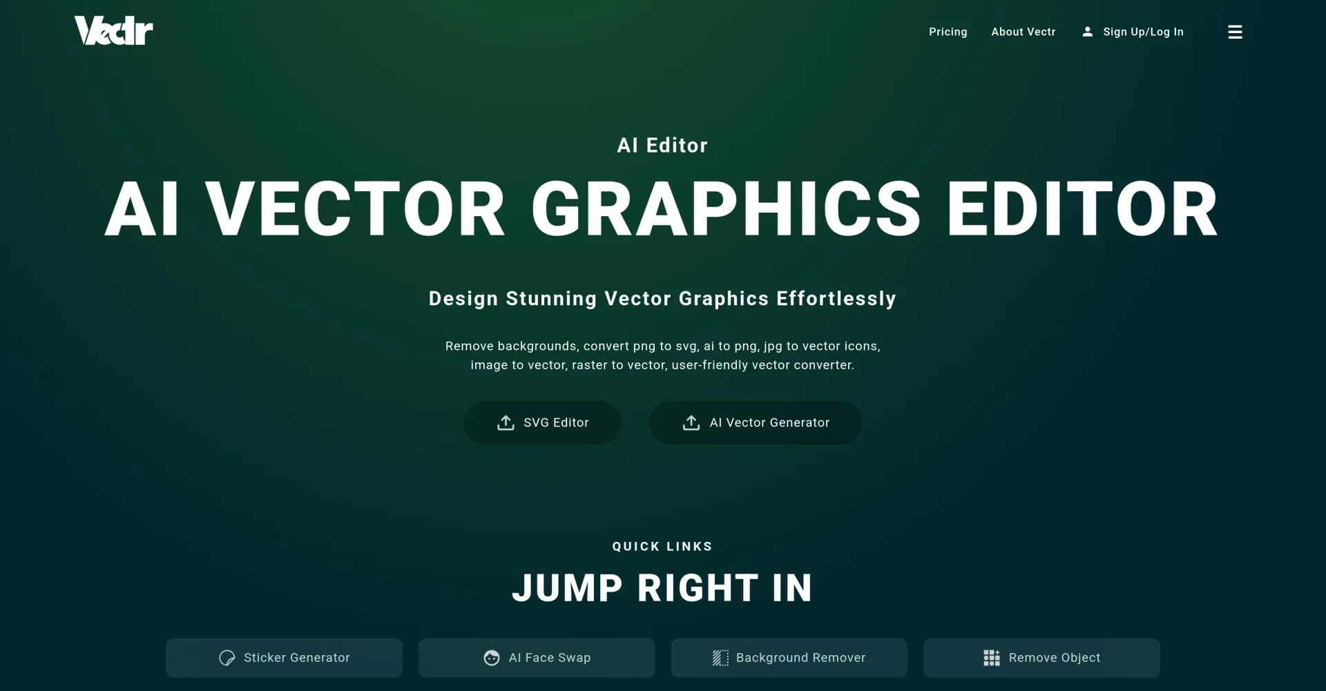 Vectr homepage screenshot — Transform visuals with AI-powered design tools.