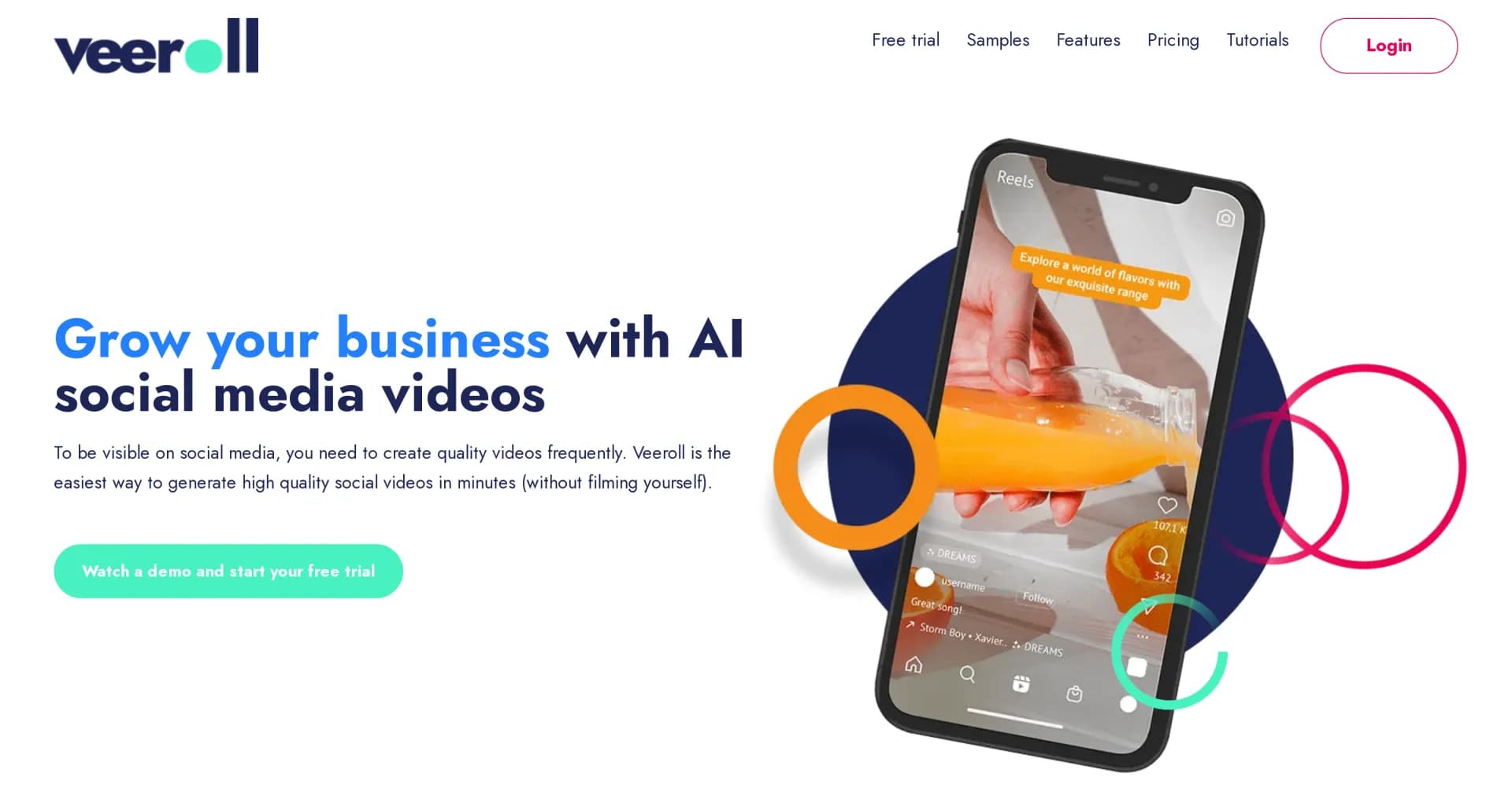 Veeroll homepage screenshot — Create quality social videos in minutes with AI.