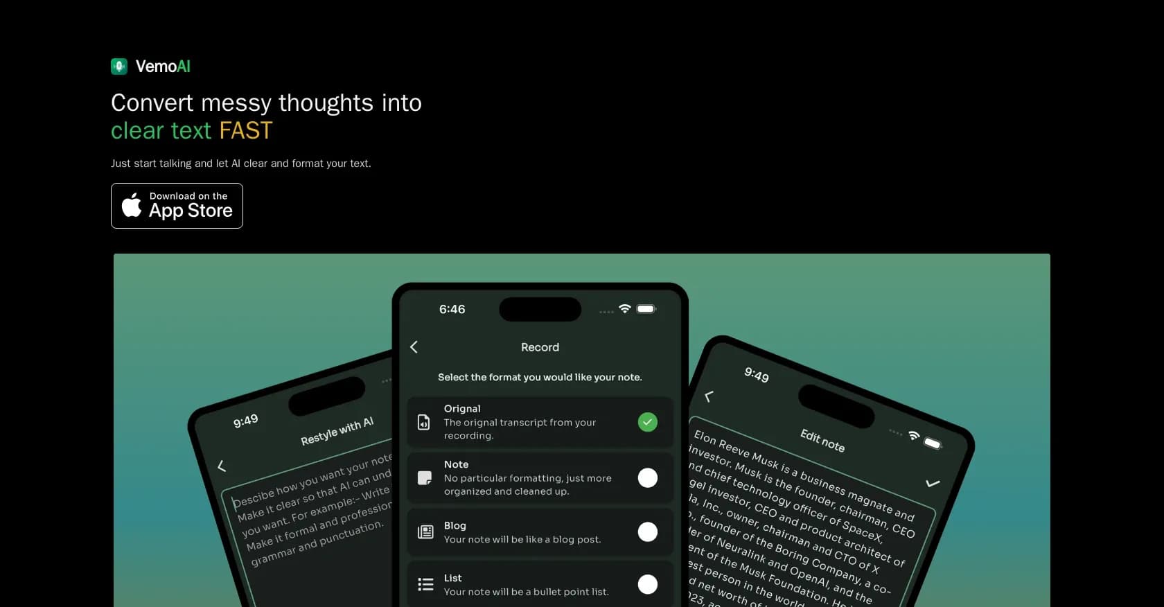 VemoAI homepage screenshot — Convert messy thoughts into clear text fast