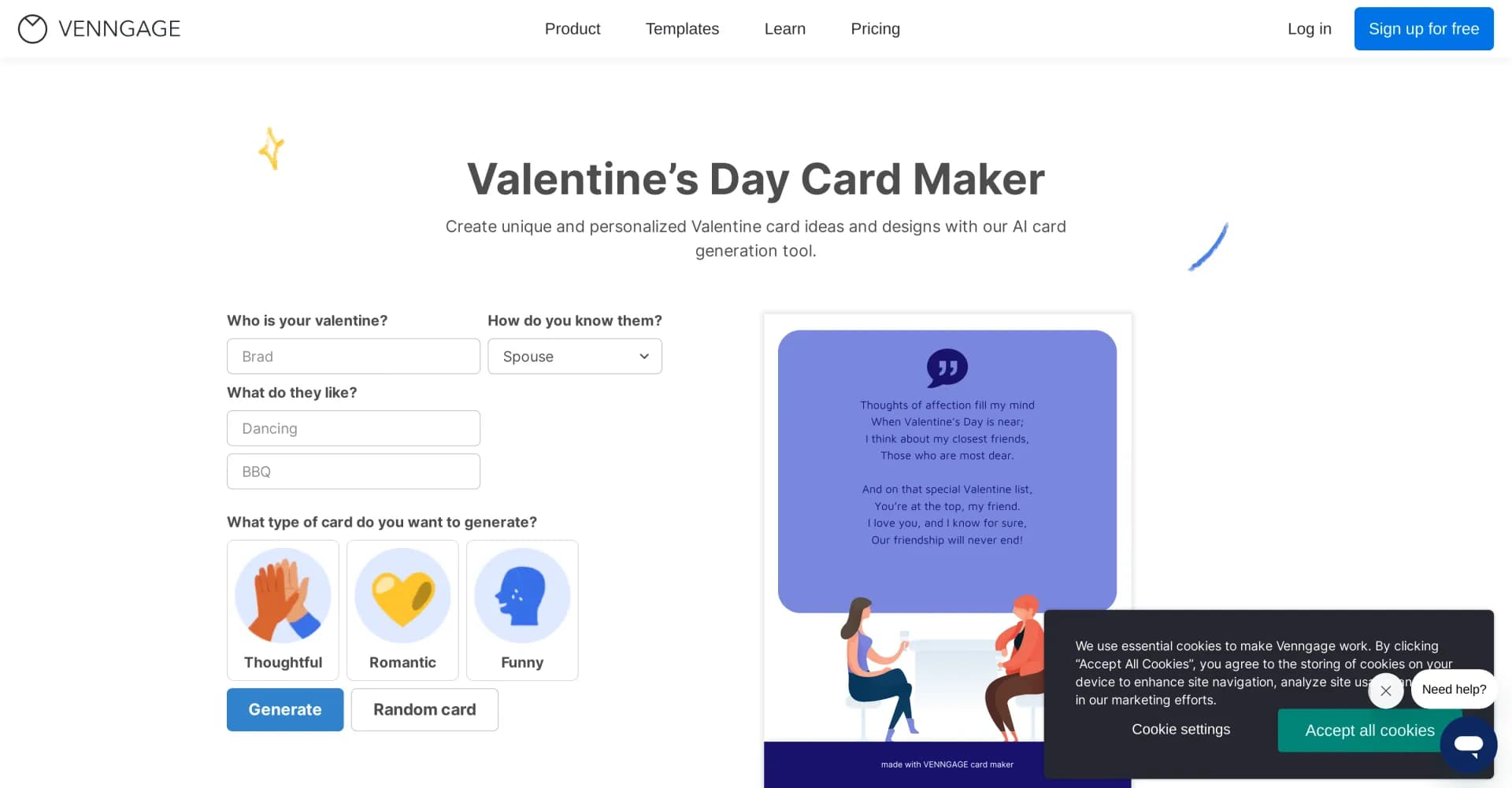 Venngage Valentine Card Maker homepage screenshot — Create unique AI-powered Valentine's Day cards