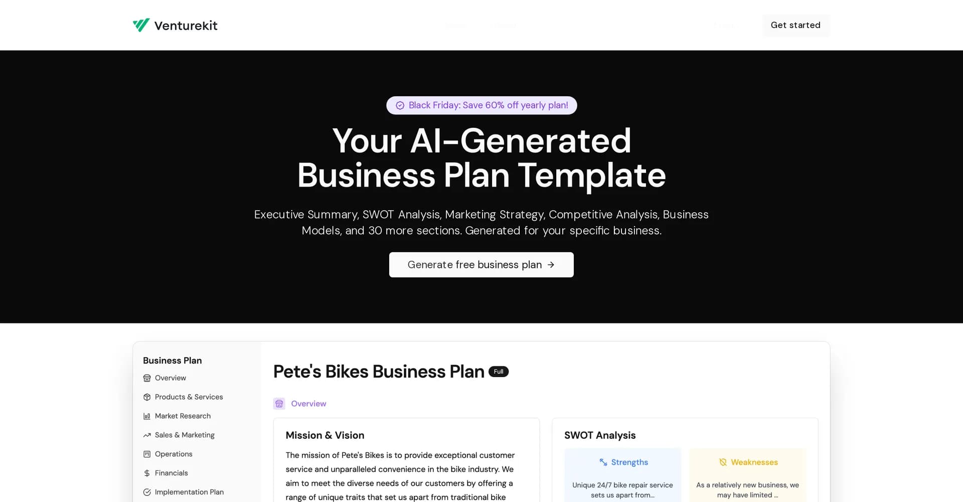 Venturekit homepage screenshot — Generate comprehensive AI business plans instantly