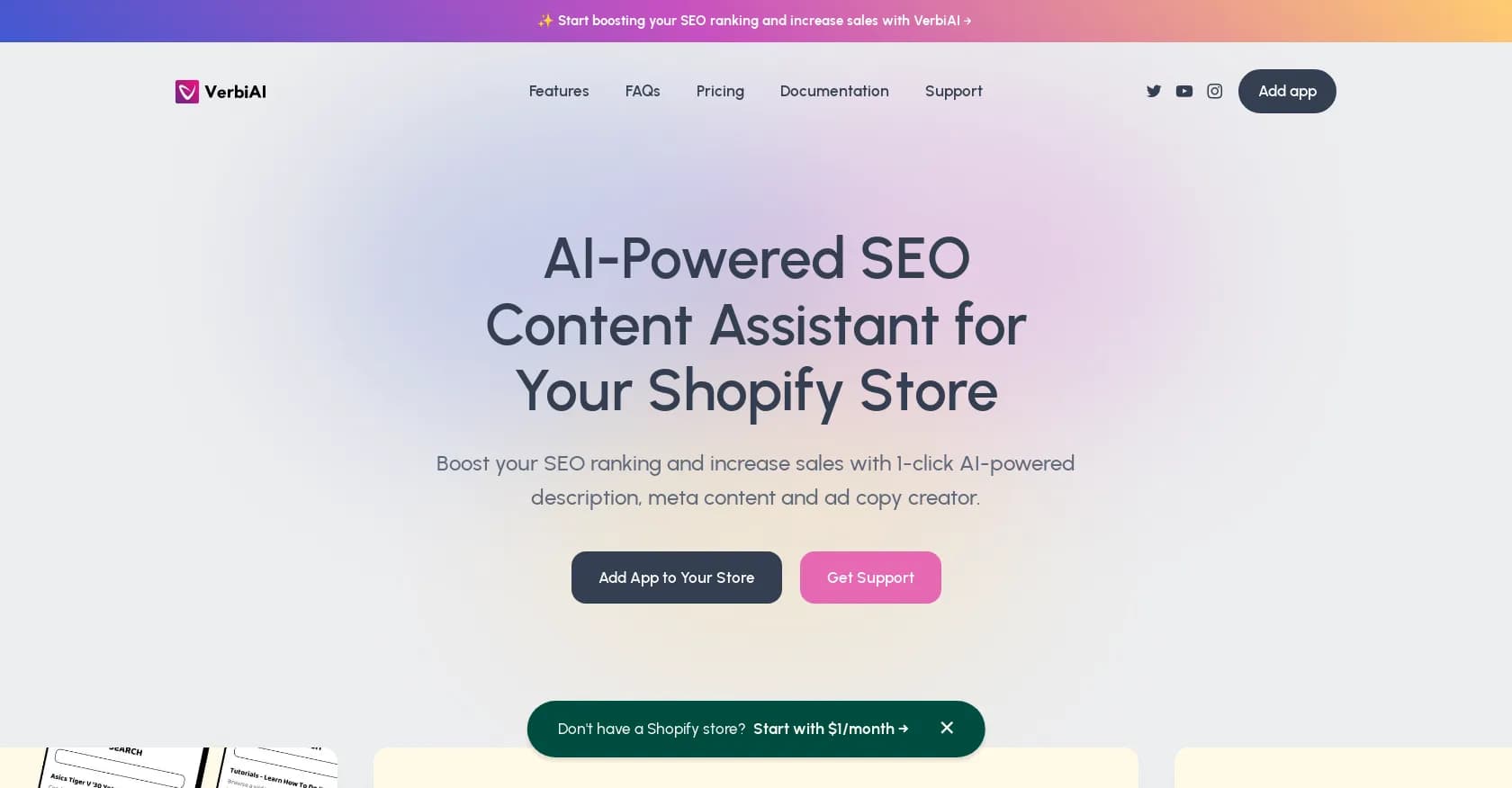 VerbiAI homepage screenshot — AI-powered SEO content assistant for Shopify stores.