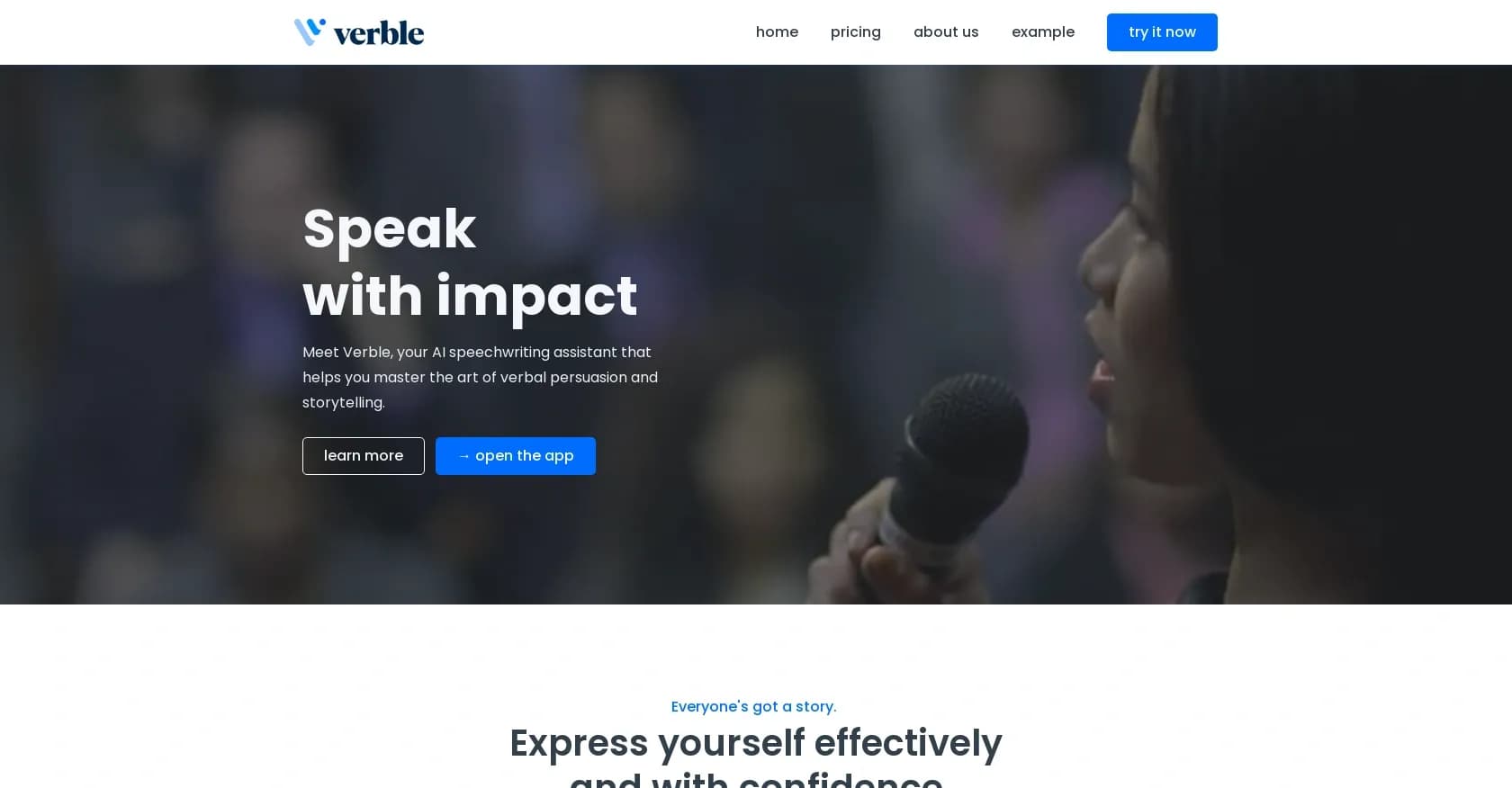 Verble homepage screenshot — Master the art of verbal persuasion with AI