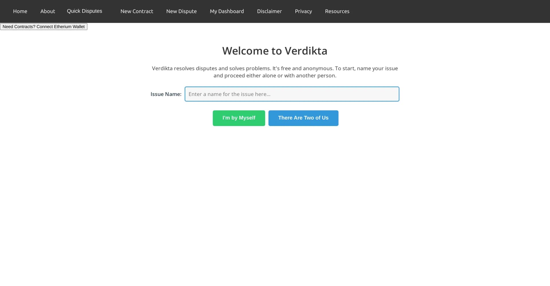 Verdikta homepage screenshot — AI-powered private dispute resolution.