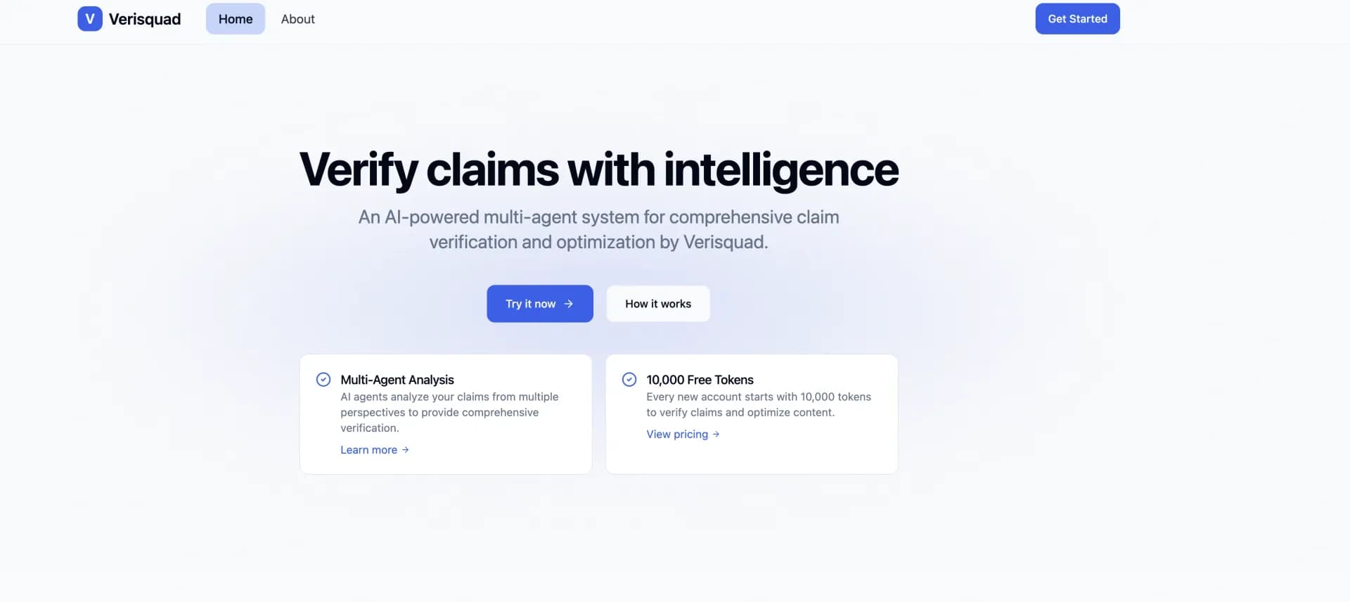 Verisquad homepage screenshot — Verify claims intelligently with AI-powered fact-checking.