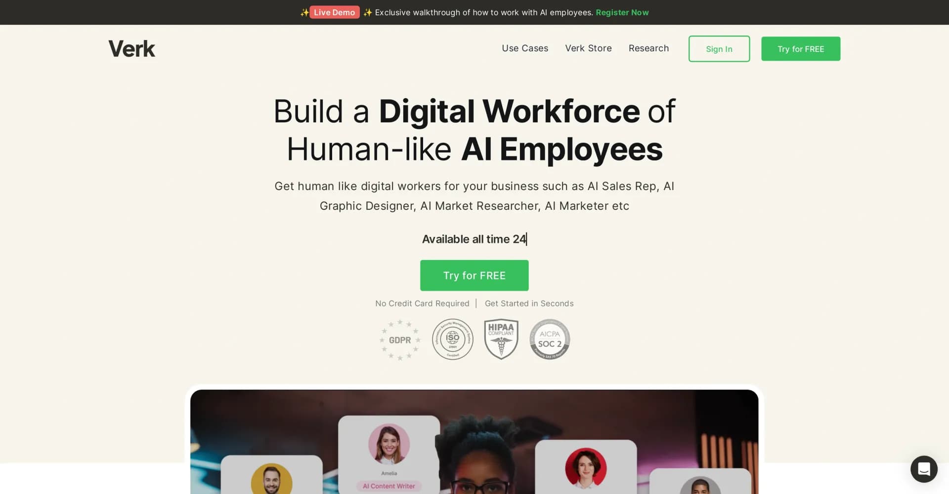 Verk homepage screenshot — Build a digital workforce of human-like AI employees