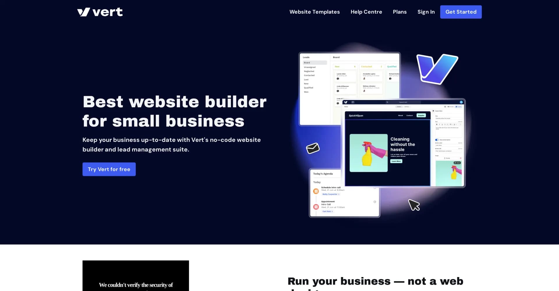 Vert Works homepage screenshot — Build professional websites effortlessly with no code.