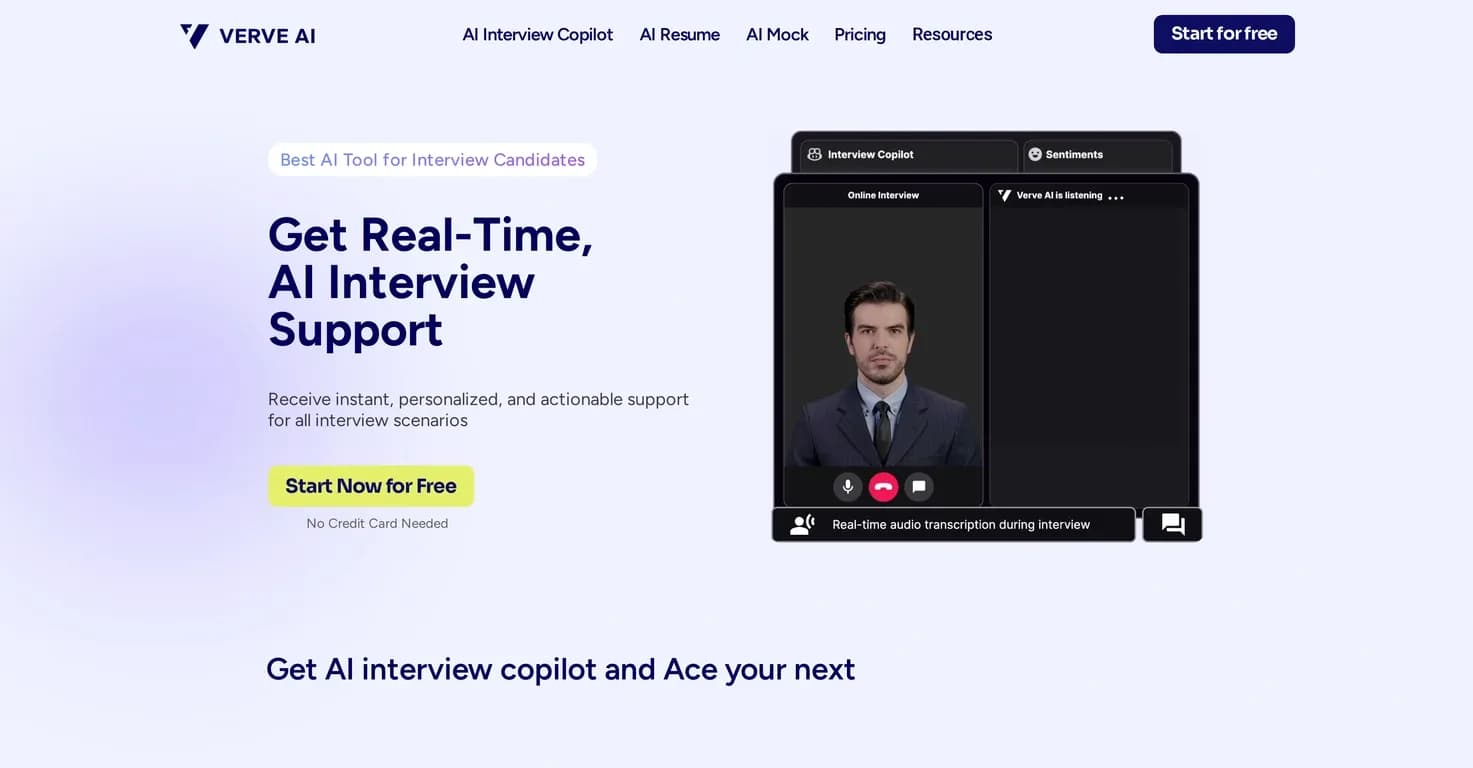 Verve AI homepage screenshot — Ace job interviews with AI-powered real-time assistance