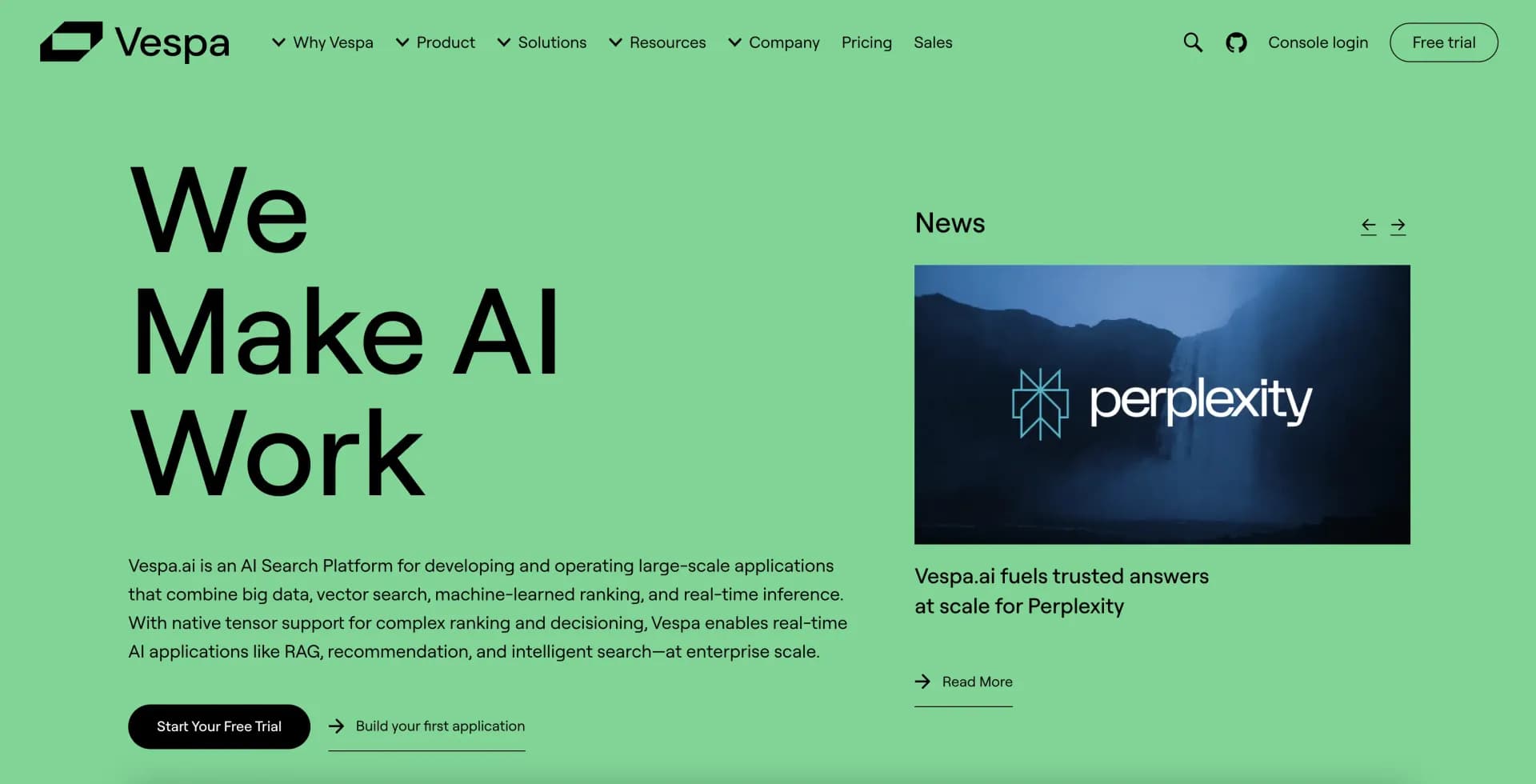 Vespa homepage screenshot — Apply AI to big data online, at any scale.