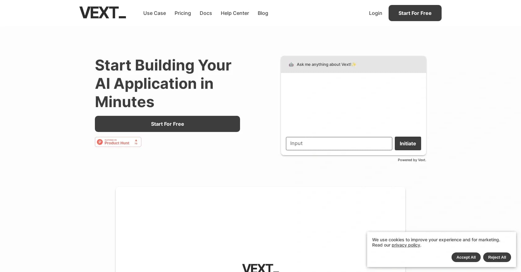 Vext homepage screenshot — Build custom AI apps with your own data