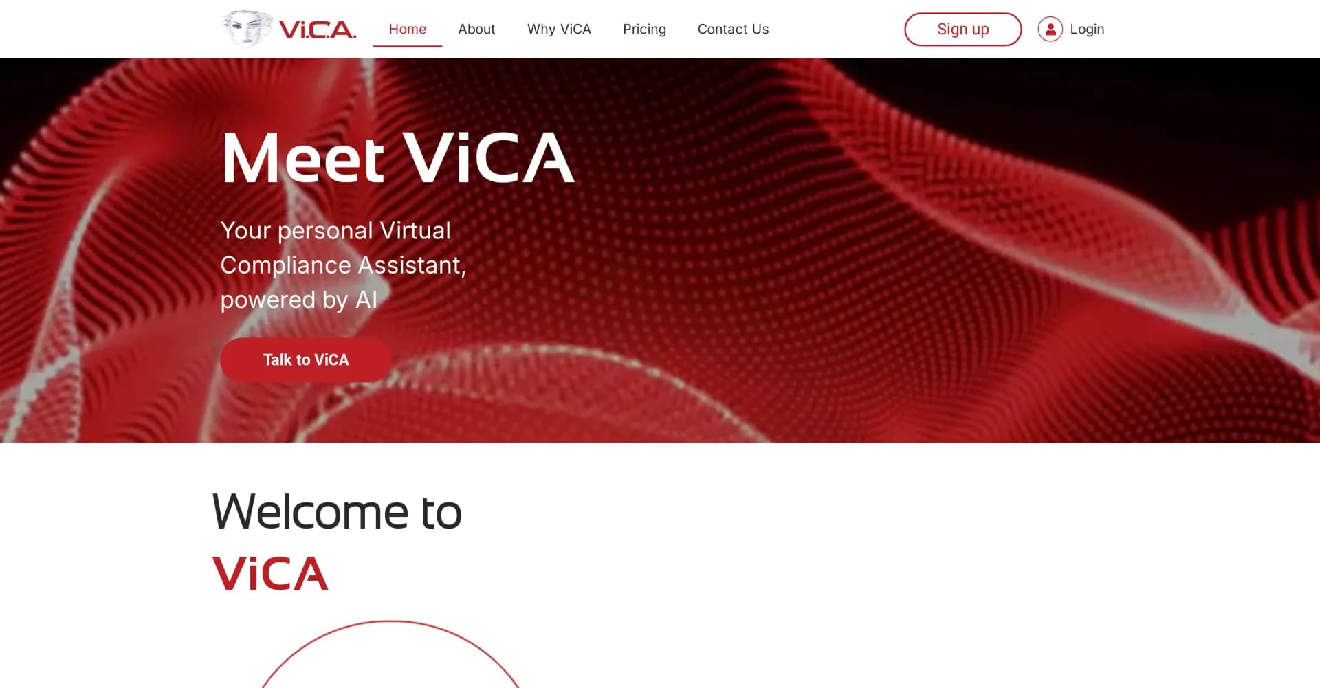 ViCA - Virtual Compliance Assistant homepage screenshot — Your personal AI-powered Virtual Compliance Assistant.