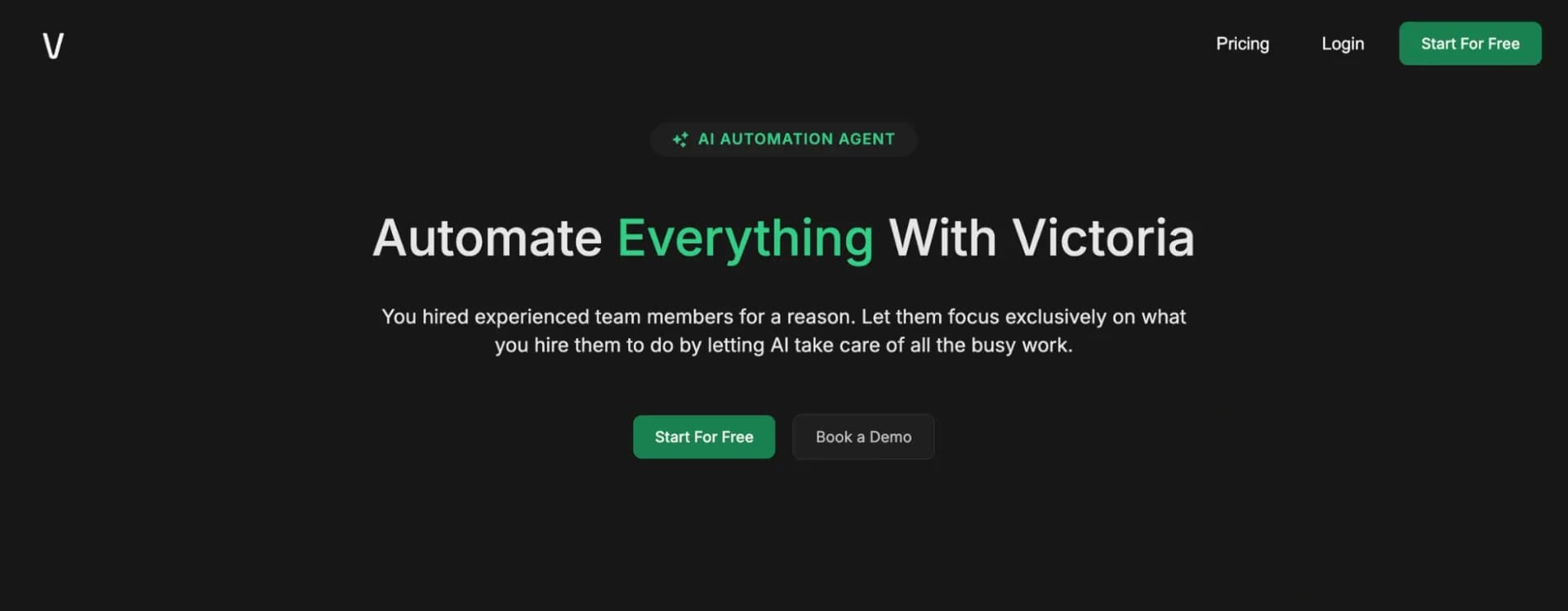 Victoria AI homepage screenshot — Build intelligent, AI powered workflows with no code