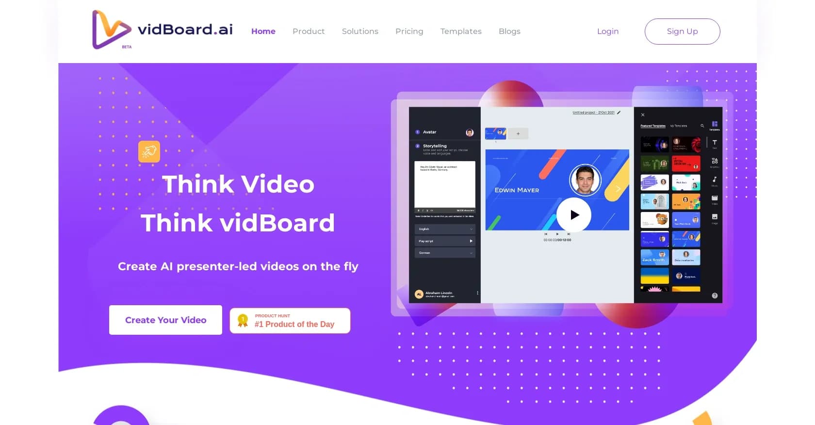 Vidboard AI homepage screenshot — Create AI presenter-led videos instantly