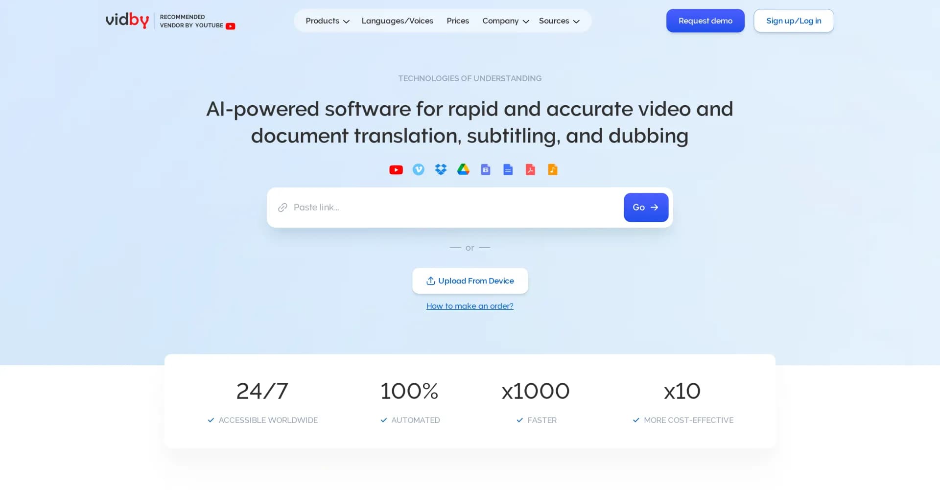 Vidby homepage screenshot — Fast translation and dubbing of videos with AI.