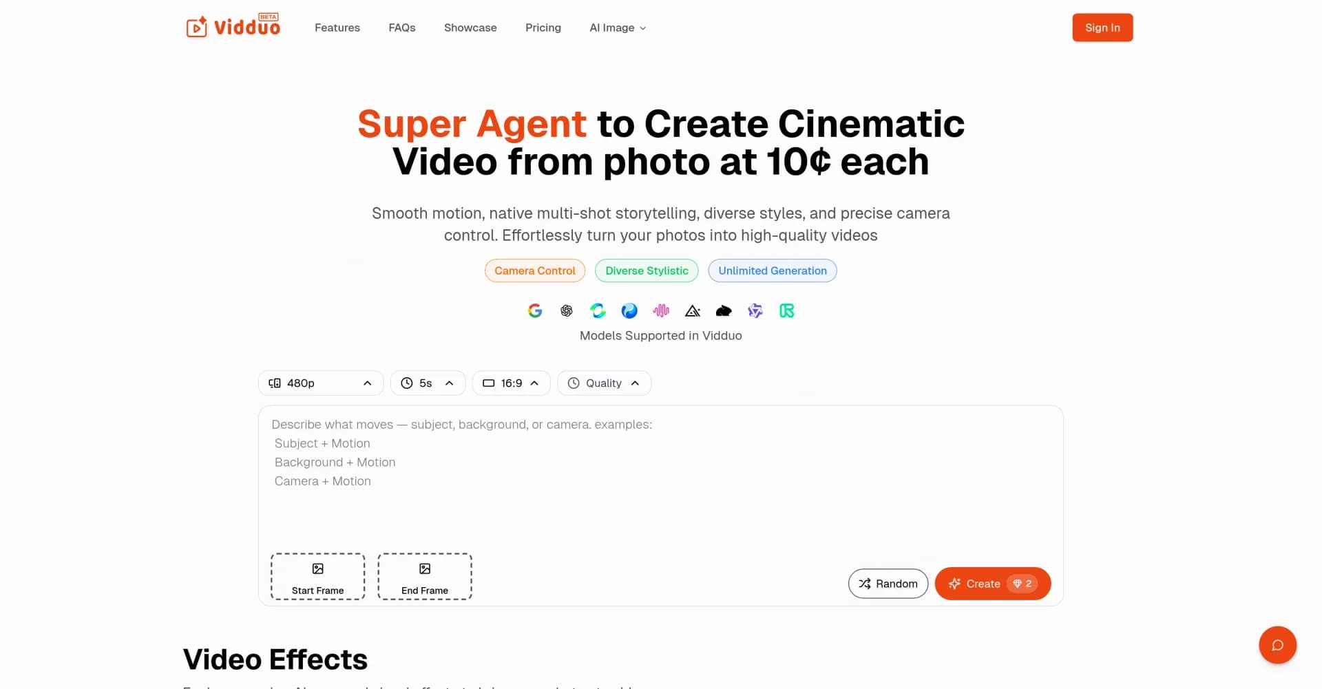 Vidduo homepage screenshot — Transform photos into cinematic videos effortlessly