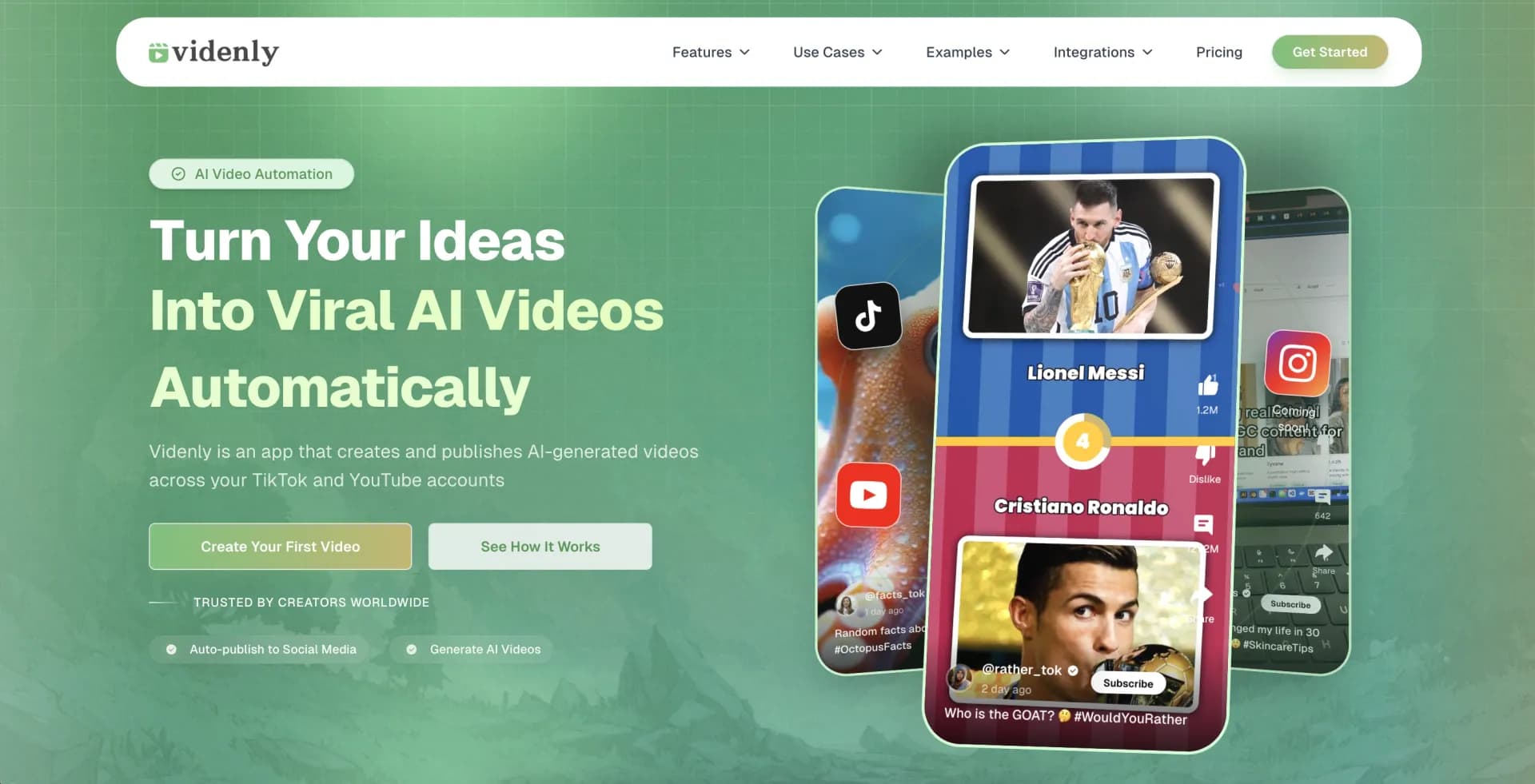Videnly homepage screenshot — Create and publish viral AI videos in minutes