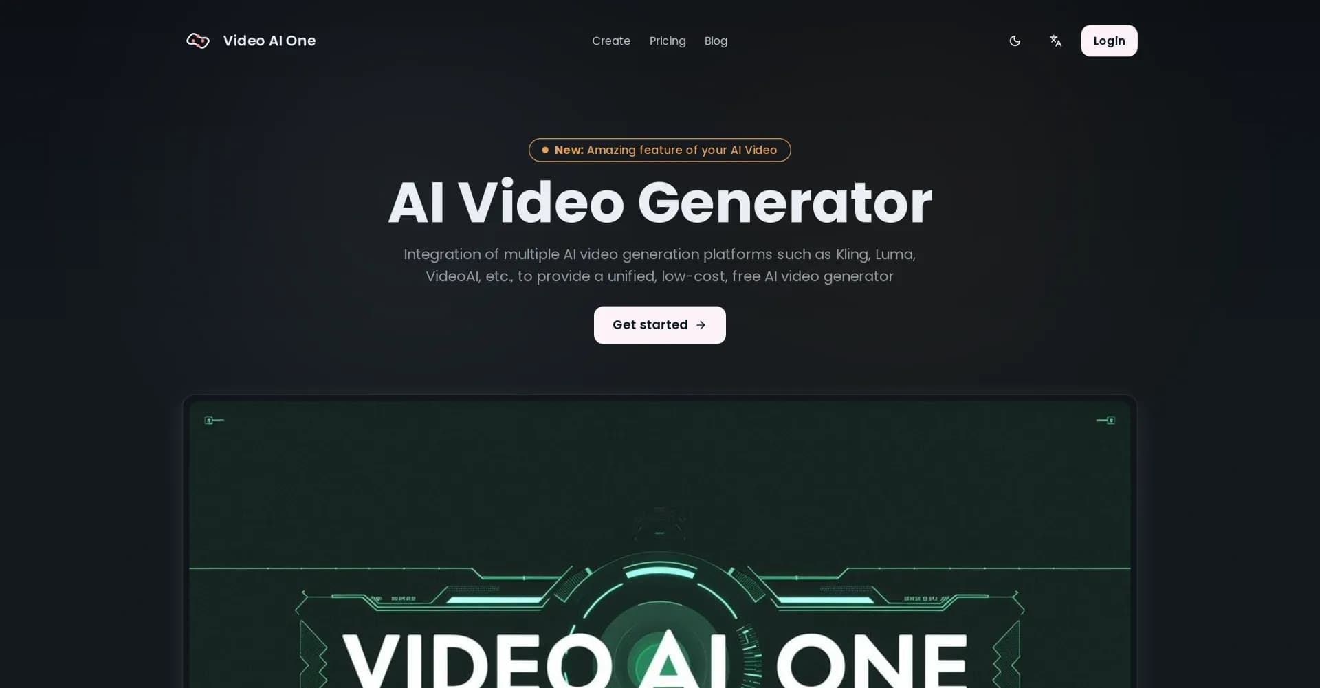 Video AI One homepage screenshot — Create AI videos effortlessly with multiple platforms