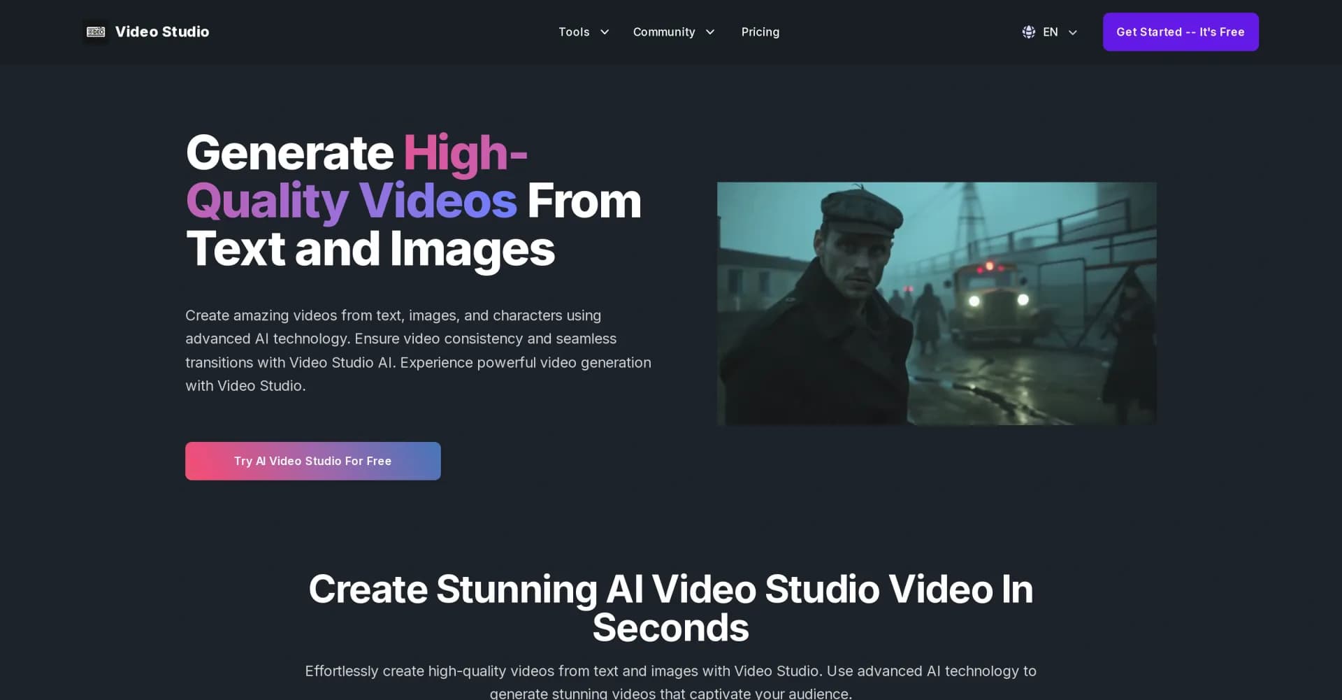 Video Studio homepage screenshot — Turn text and images into stunning videos effortlessly.