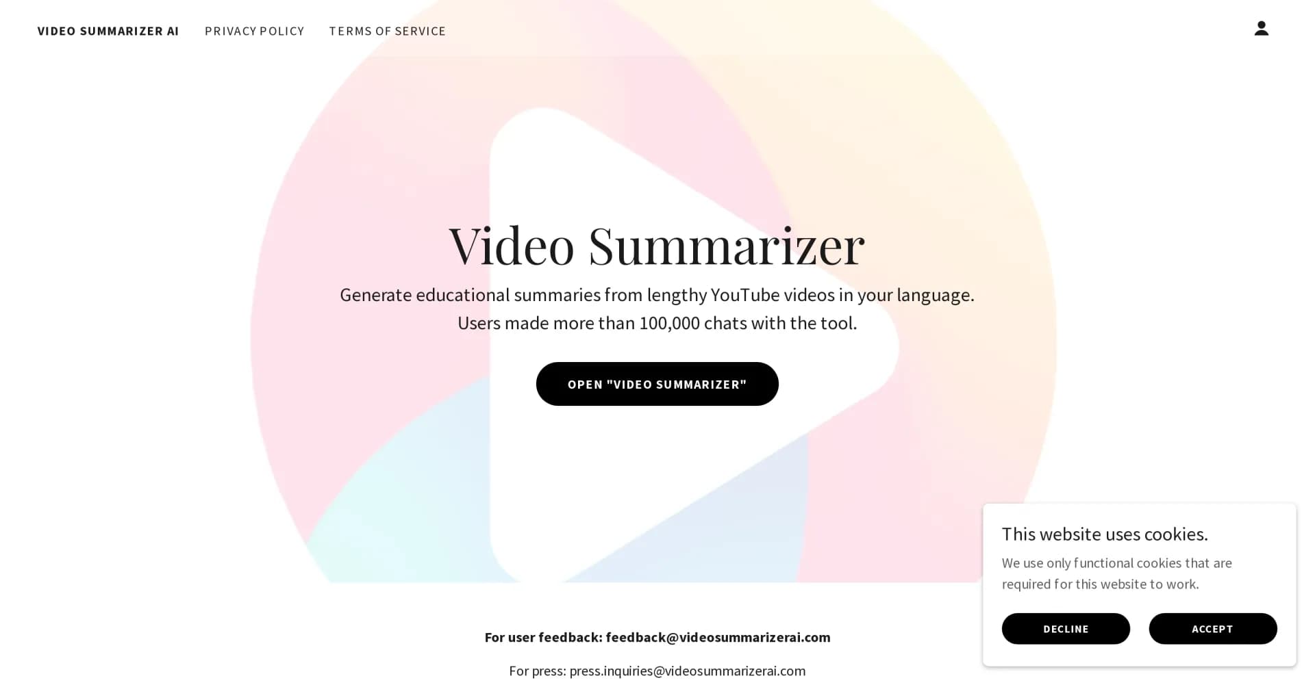 Video Summarizer AI homepage screenshot — Turn YouTube videos into concise summaries.
