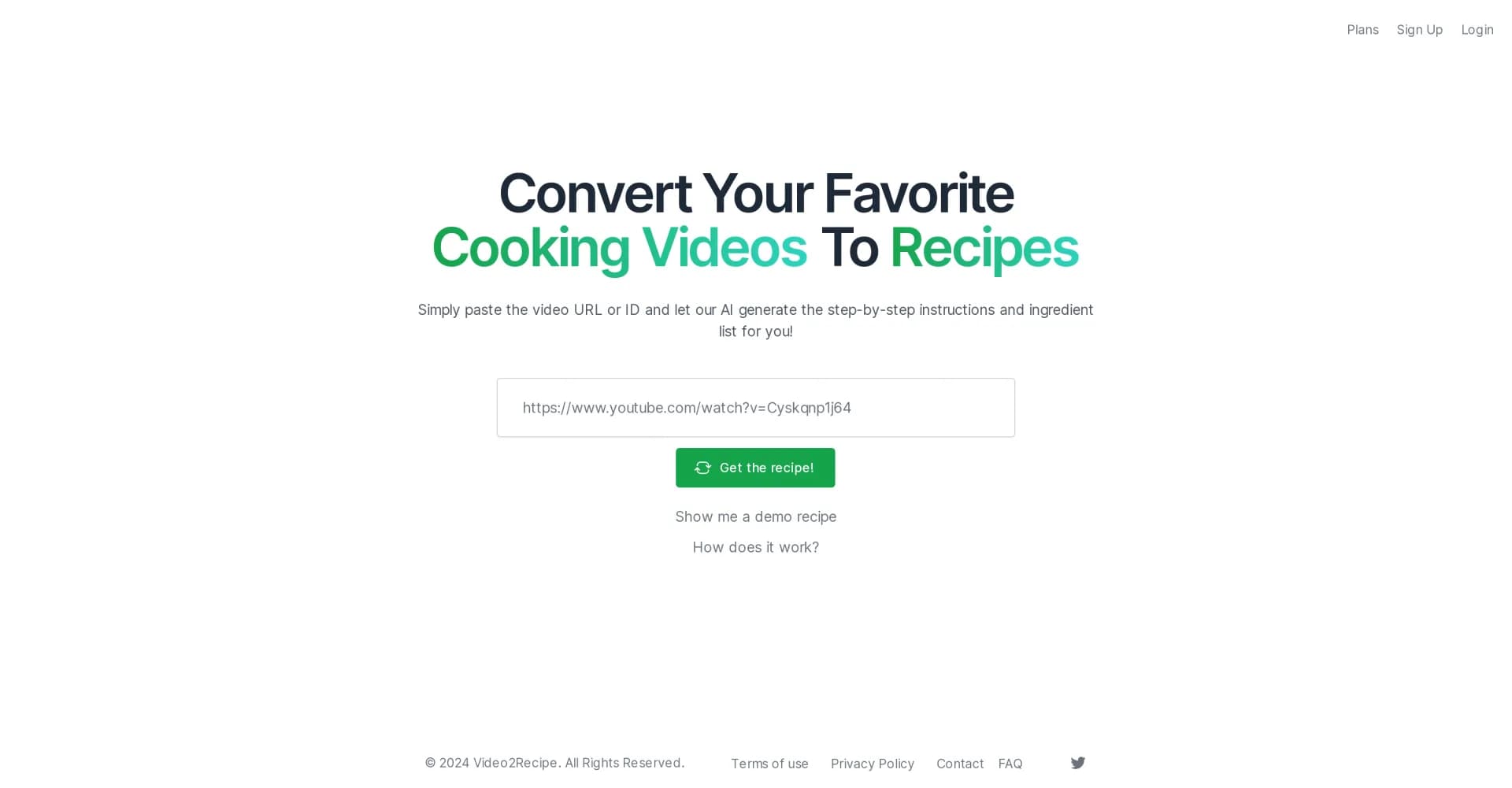 Video2Recipe homepage screenshot — Convert cooking videos to recipes instantly.