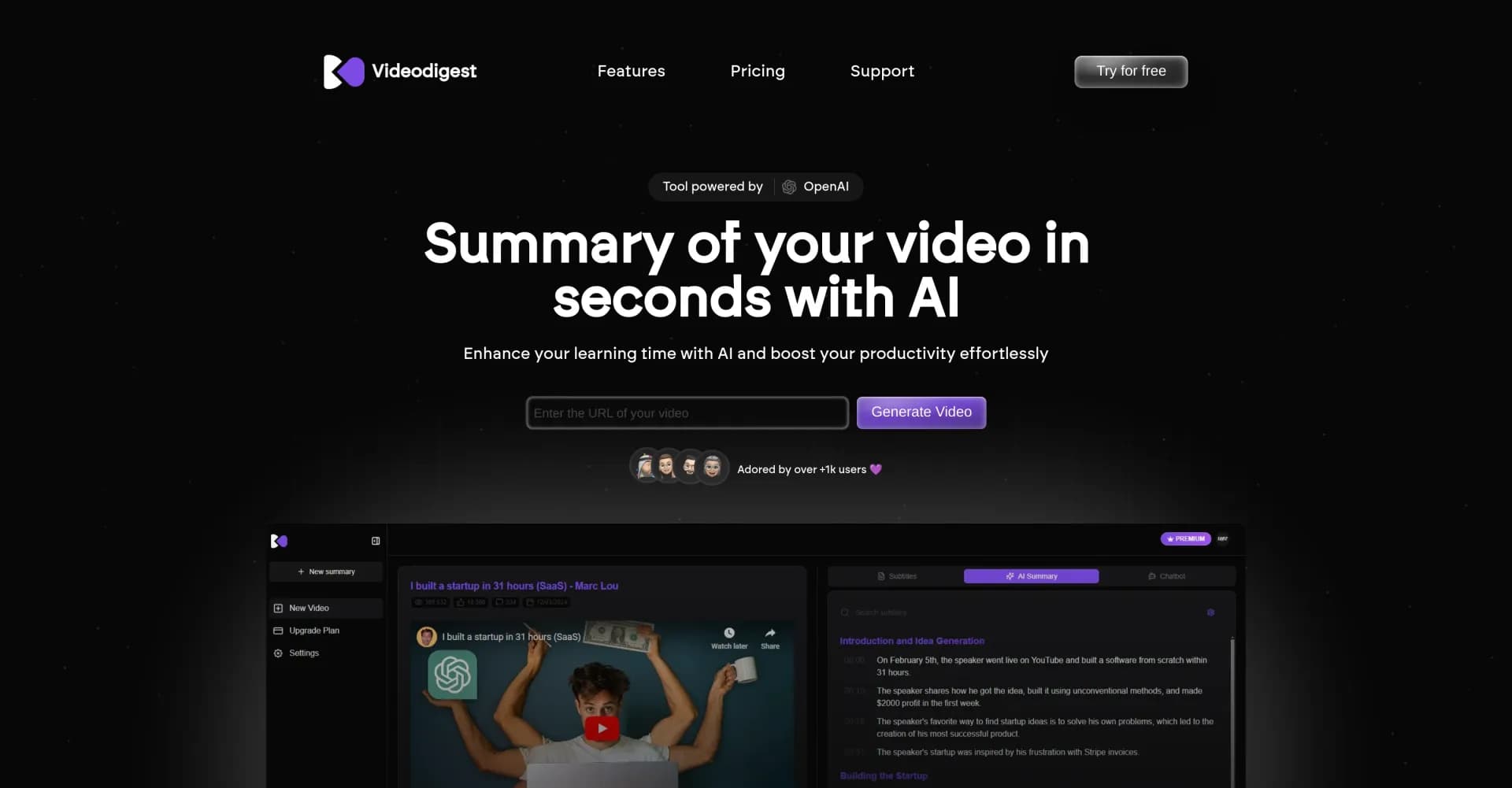 VideoDigest homepage screenshot — Summarize videos in seconds with AI