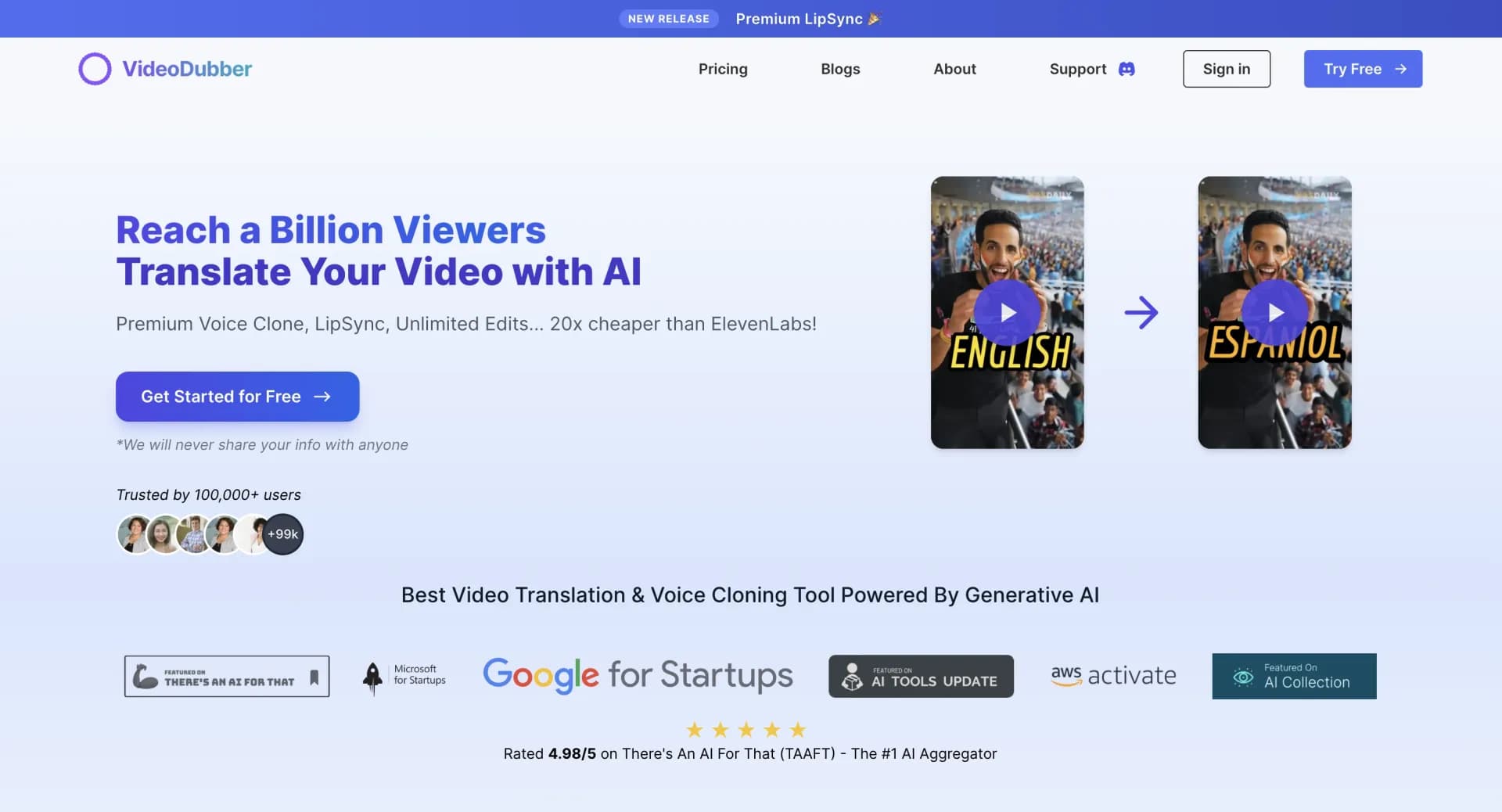 VideoDubber homepage screenshot — Translate and dub videos, audios and subtitles with voice cl