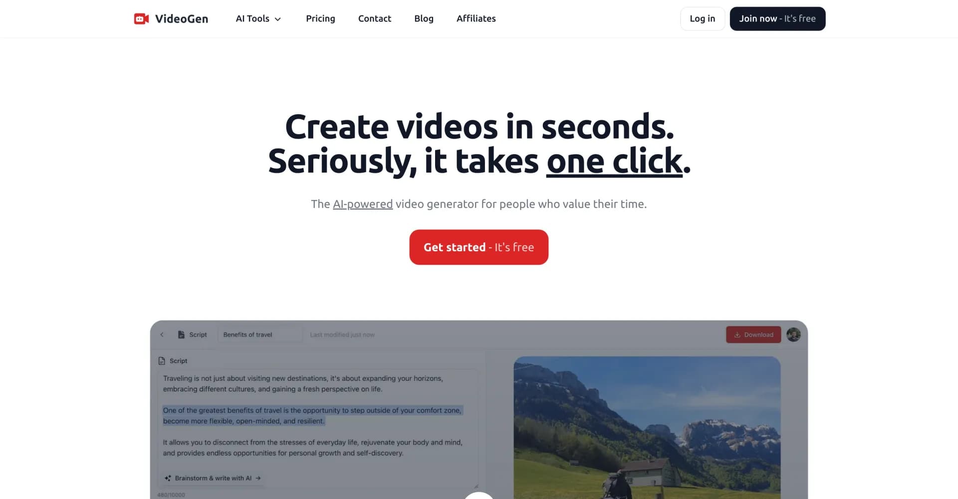 VideoGen homepage screenshot — Create videos in seconds with one click.