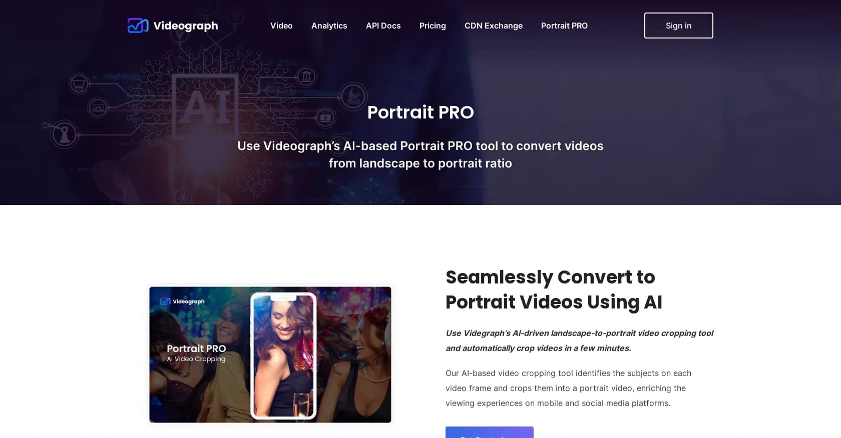 Videograph homepage screenshot — Convert landscape videos to portrait with AI precision.