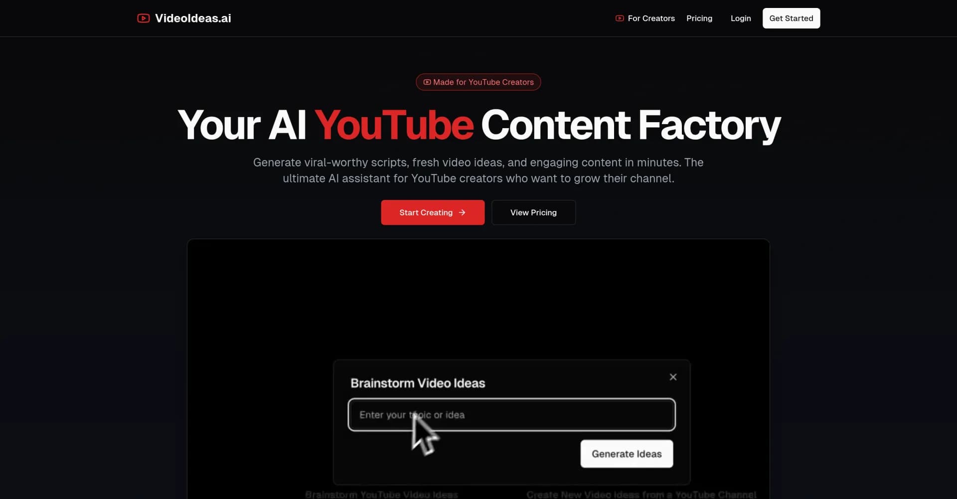 VideoIdeas.ai homepage screenshot — Generate viral YouTube scripts and ideas in minutes.