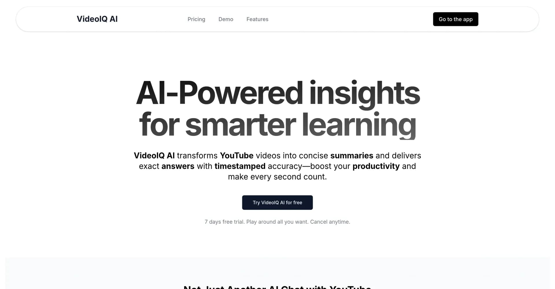 VideoIQ AI homepage screenshot — AI-powered insights for smarter video learning.