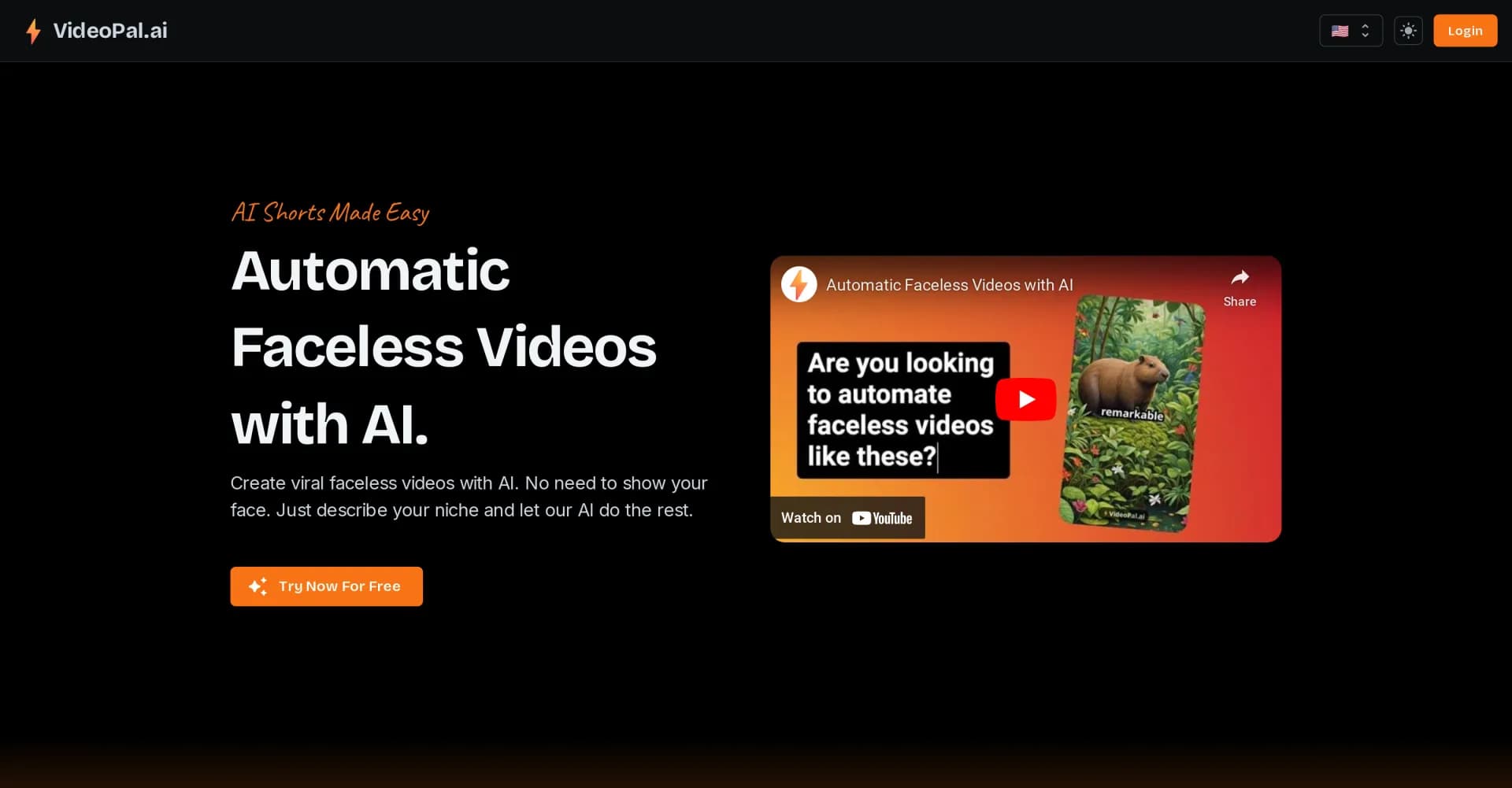 VideoPal AI homepage screenshot — Create viral faceless videos with AI