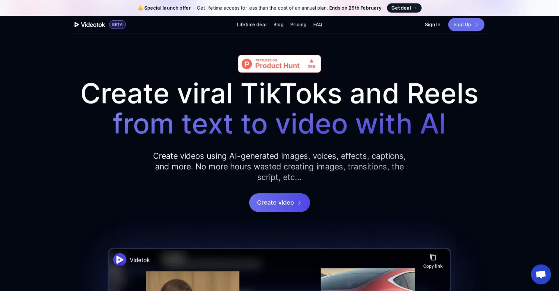 Videotok homepage screenshot — Create viral TikToks and Reels with AI