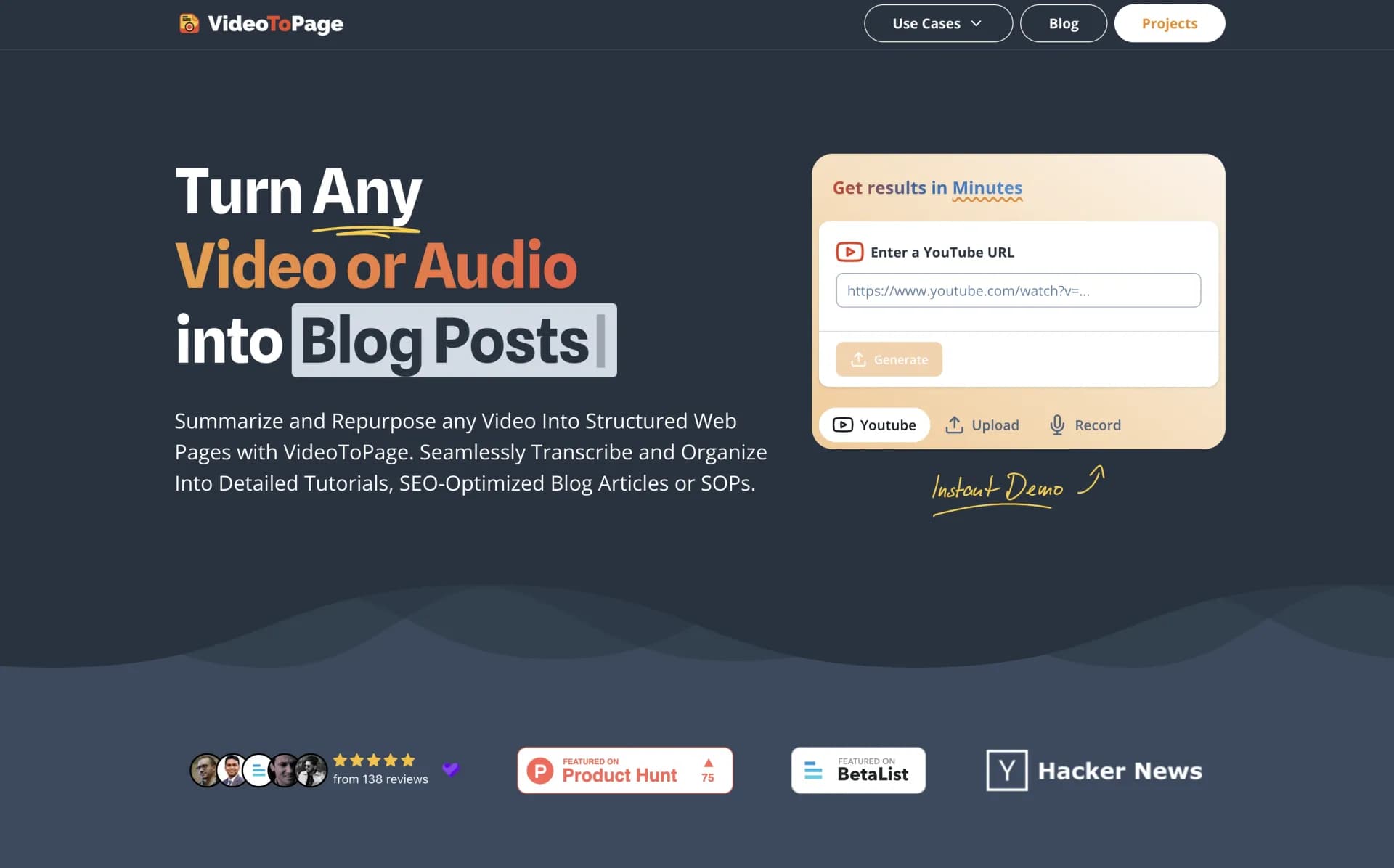 VideoToPage homepage screenshot — Instantly summarize and repurpose any video or audio