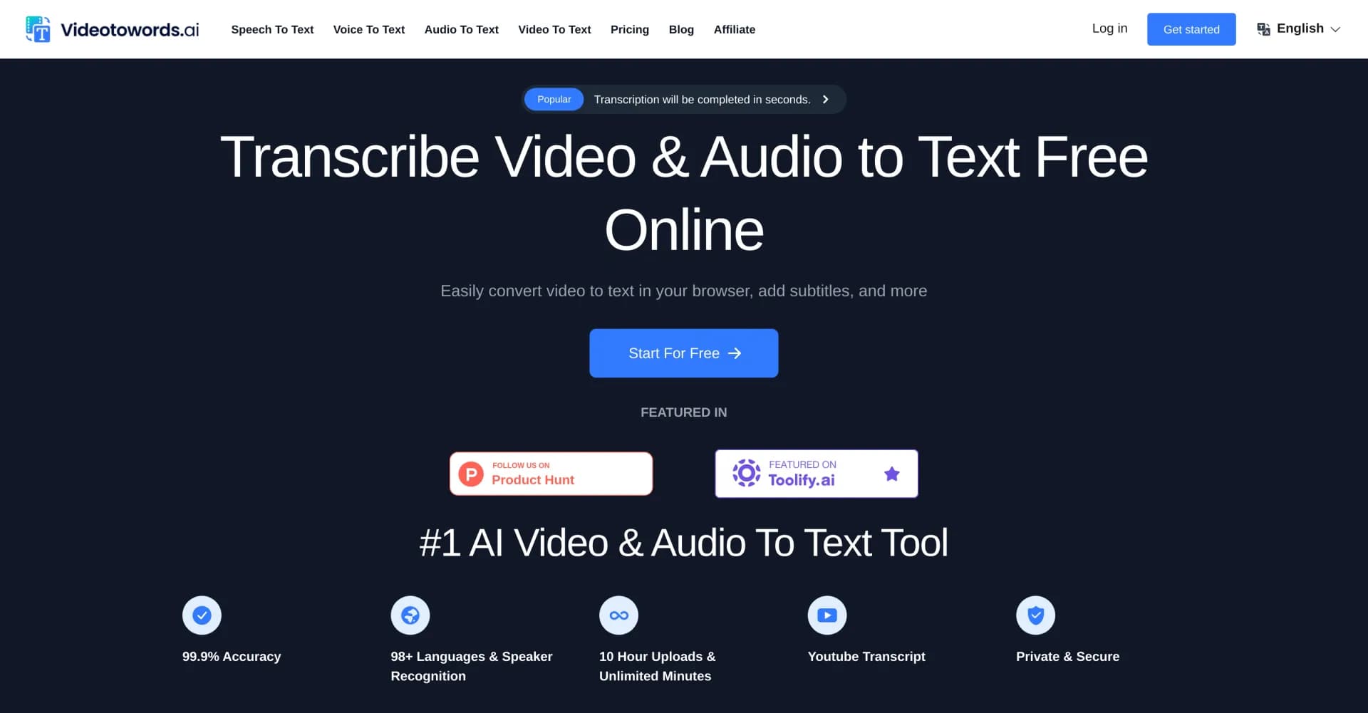 Videotowords AI homepage screenshot — Transcribe audio and video to text in seconds.