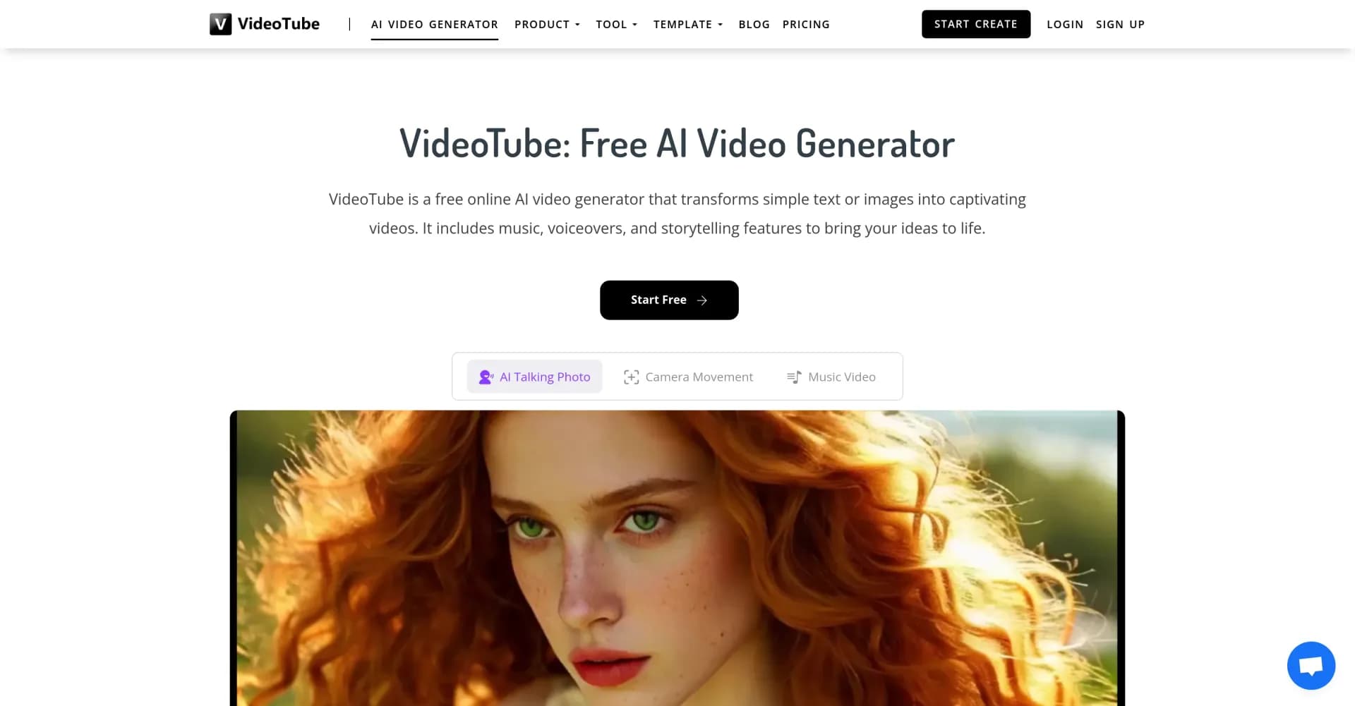 VideoTube homepage screenshot — Generate AI videos from text, image, and video in minutes.