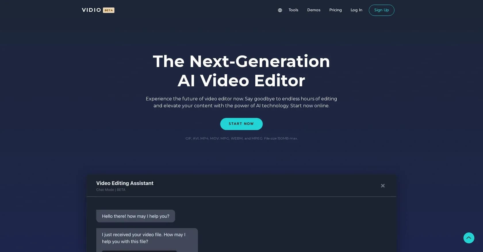 Vidio homepage screenshot — Transform videos effortlessly with AI-powered editing.