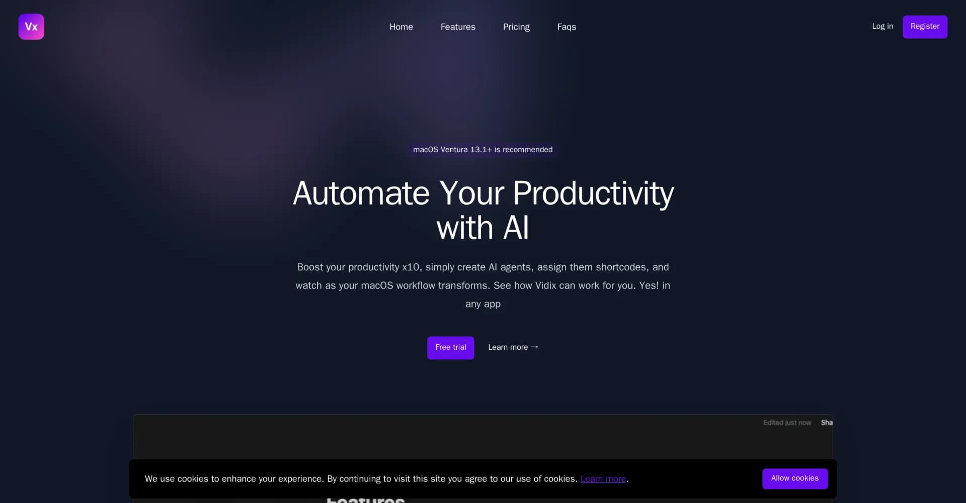 Vidix homepage screenshot — Supercharge macOS productivity with AI agents