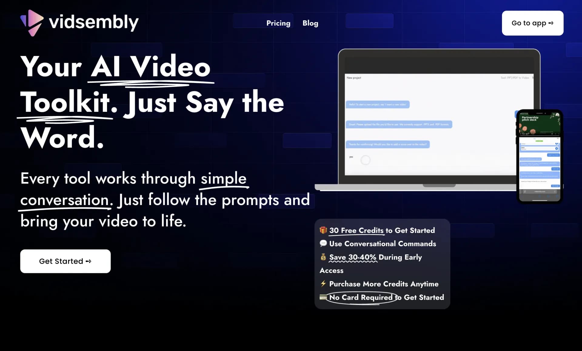 Vidsembly homepage screenshot — Turn your presentations into narrated videos with AI voiceov