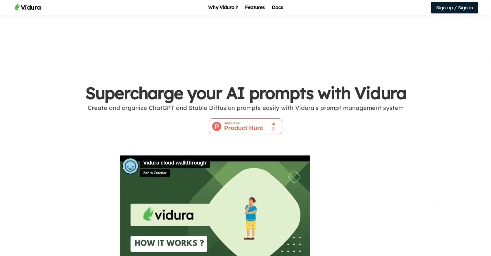 Vidura homepage screenshot — Supercharge your AI prompts with easy management